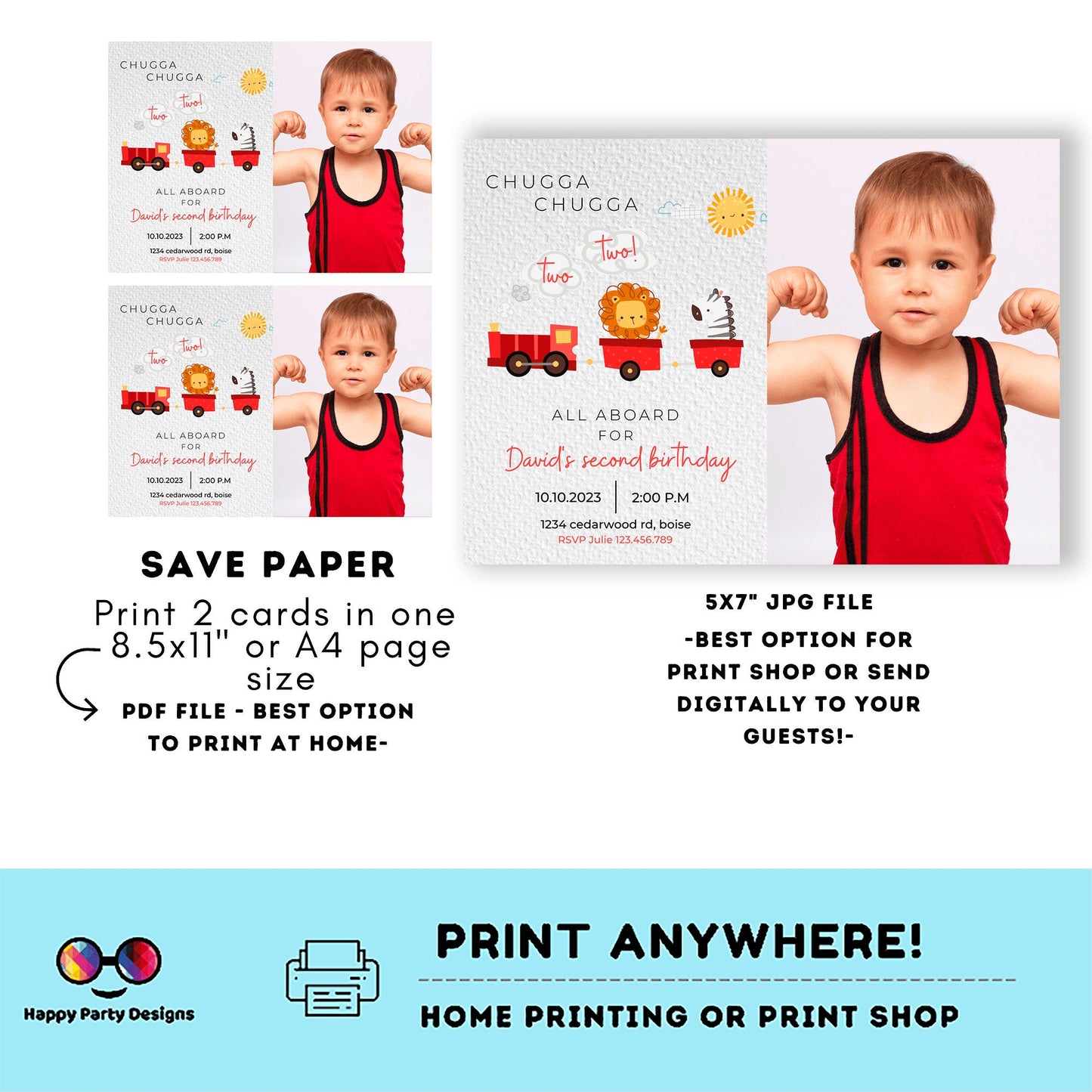 Train Invitation Chugga Chugga Two Two with photo | Train Second Birthday Invite | Editable Corjl Train Party | Boy Birthday Trains #K128
