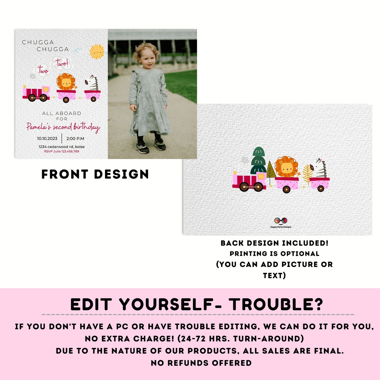 Train Invitation Chugga Chugga Two Two with photo | Train Second Birthday Invite | Editable Corjl Train Party | girl Birthday Trains #K128