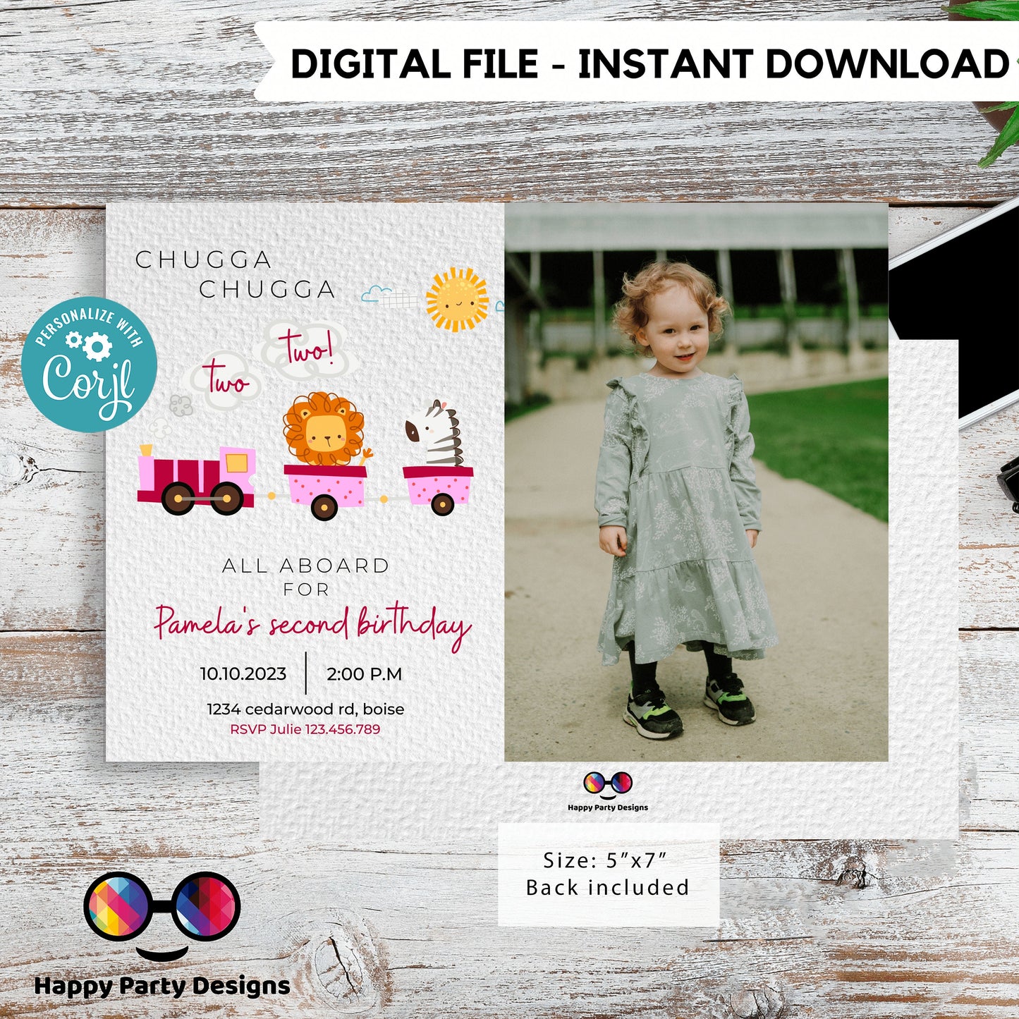 Train Invitation Chugga Chugga Two Two with photo | Train Second Birthday Invite | Editable Corjl Train Party | girl Birthday Trains #K128