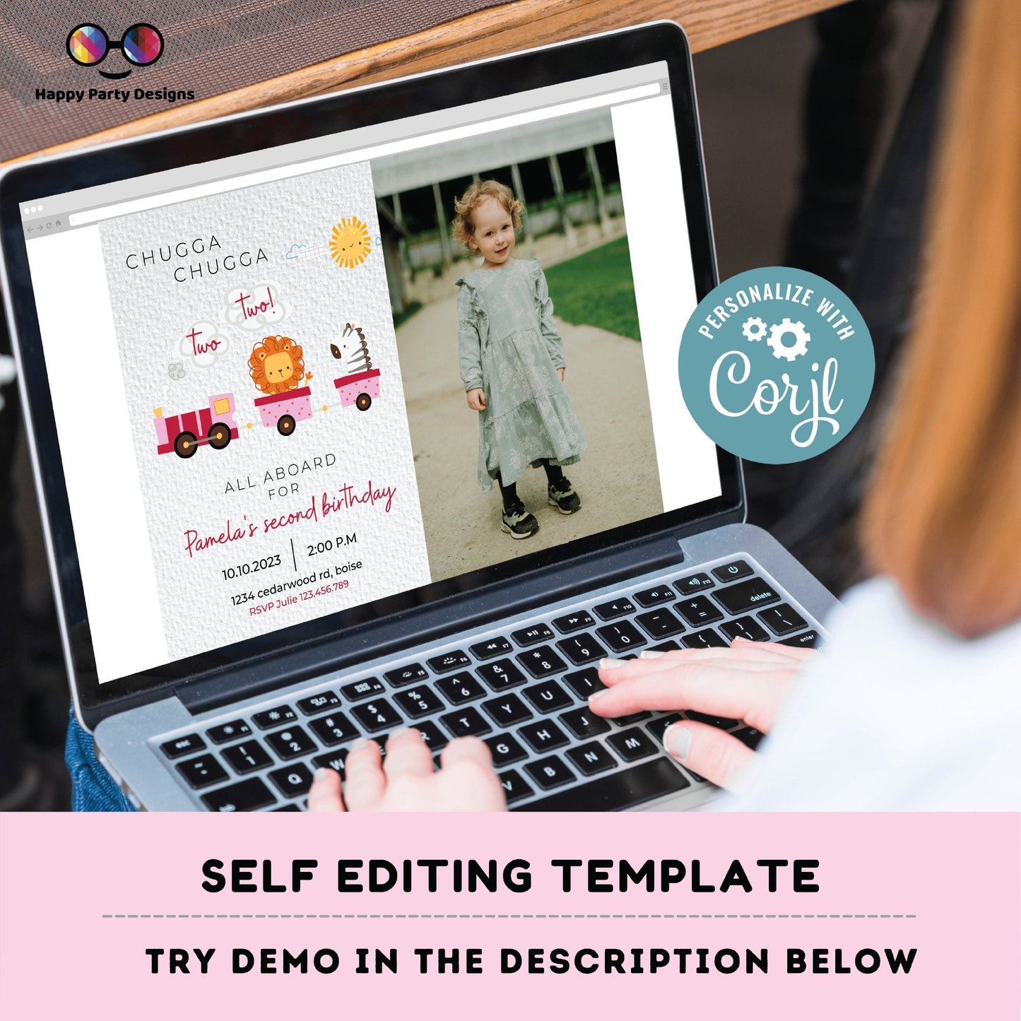 Train Invitation Chugga Chugga Two Two with photo | Train Second Birthday Invite | Editable Corjl Train Party | girl Birthday Trains #K128