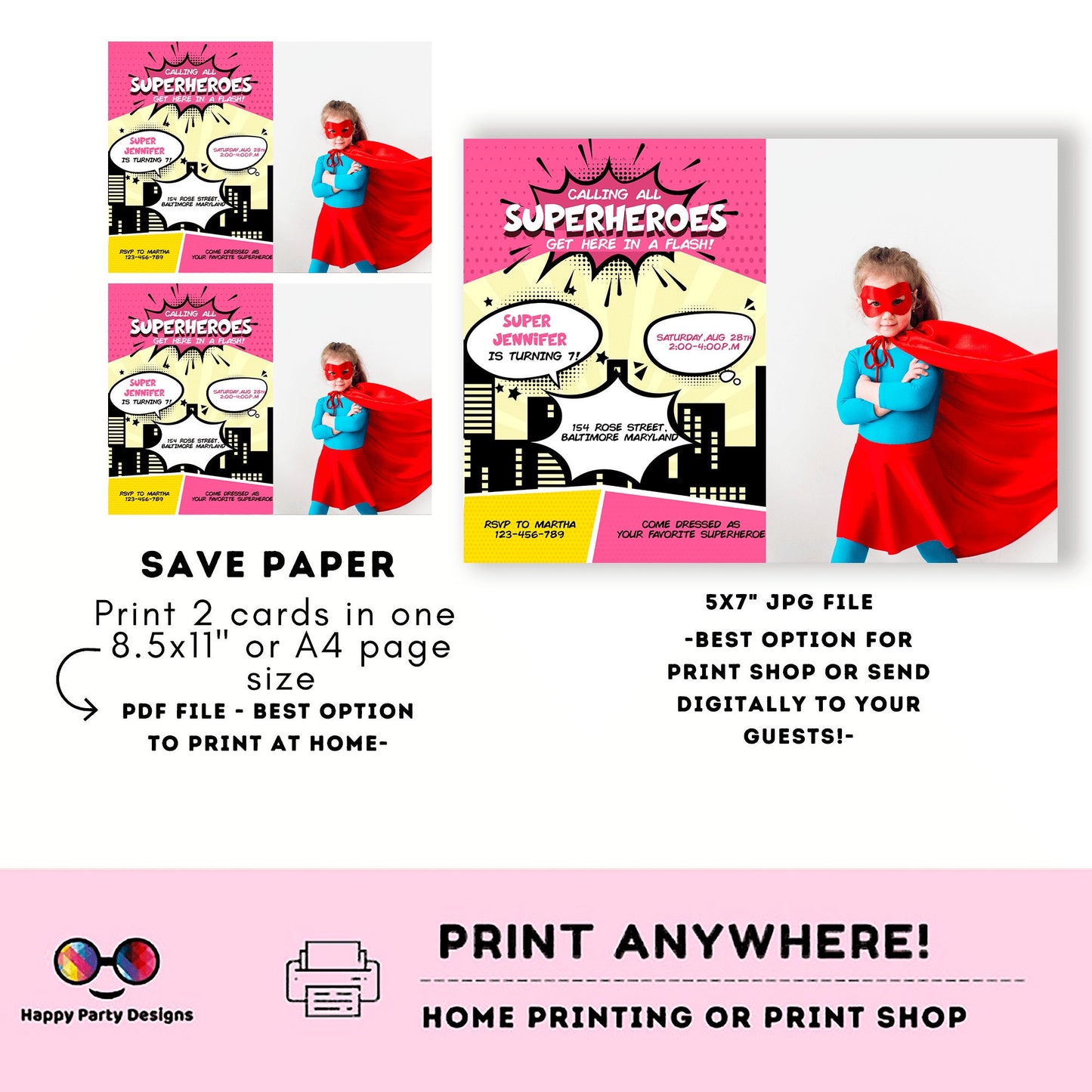 Girl Superhero Invitation with photo | Girl Superhero Comic Birthday Invite | Birthday girl | Girl Superhero Birthday Invitation #K129