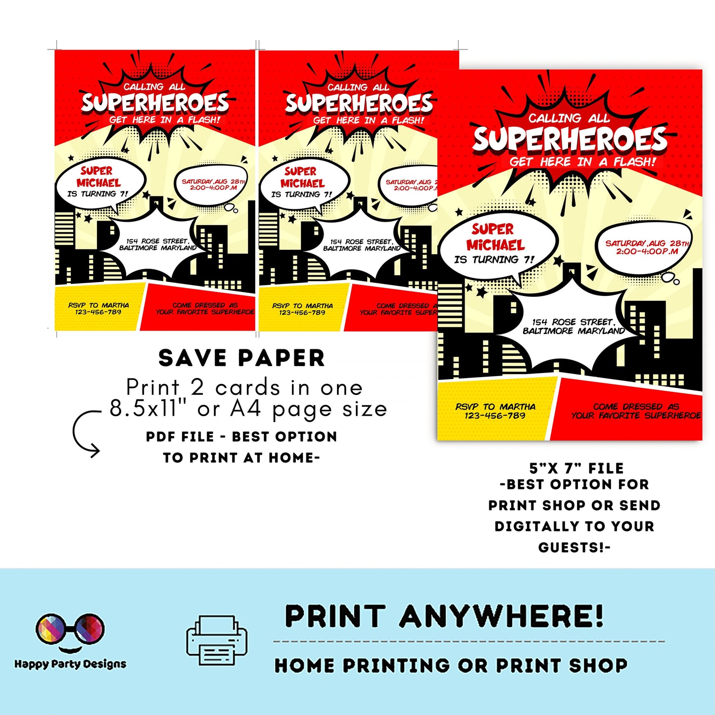 Girl Superhero Invitation | Girl Superhero Comic Birthday Invite | Birthday boy | boy Superhero Birthday Invitation #K129