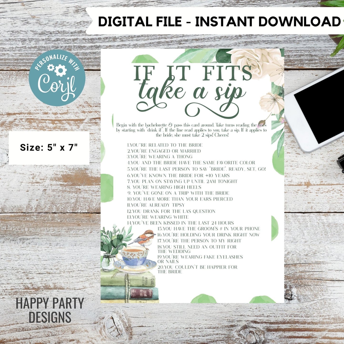 Editable If it fits take a sip game | let's spill the tea | book shower game | bridal shower| latte shower | bridal shower game #W6