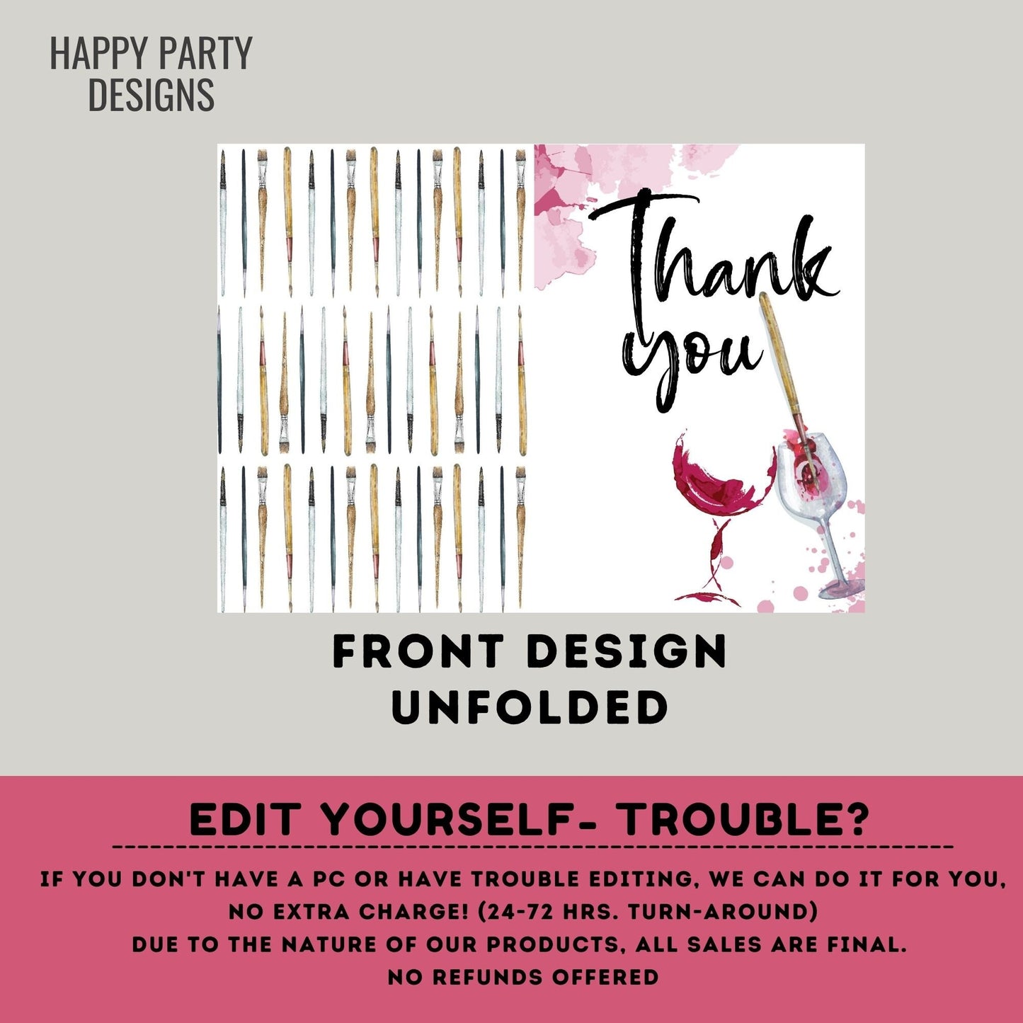 paint and sip Thank You Card Download | Bridal Shower | Baby Shower | Folded Notes Blank Inside | Printable wine Thank You Note #W7