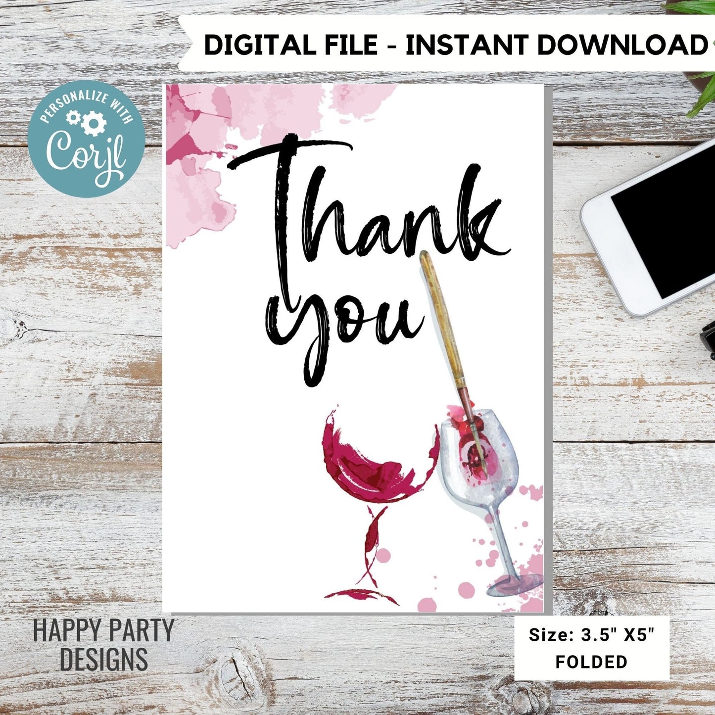 paint and sip Thank You Card Download | Bridal Shower | Baby Shower | Folded Notes Blank Inside | Printable wine Thank You Note #W7