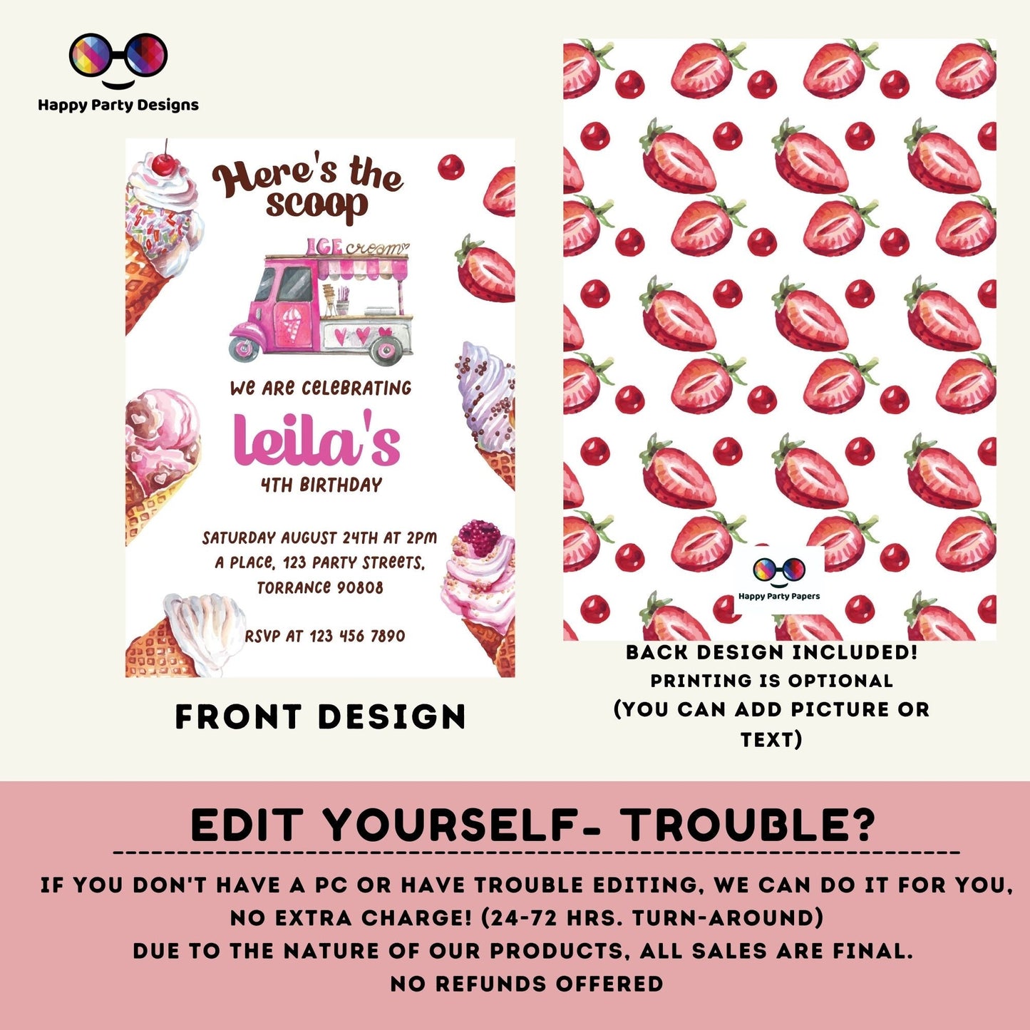 Here's the scoop Editable ice cream Birthday Invitation | girl Invitation | Ice cream Birthday invitations | Sweet Birthday Invitation #K156