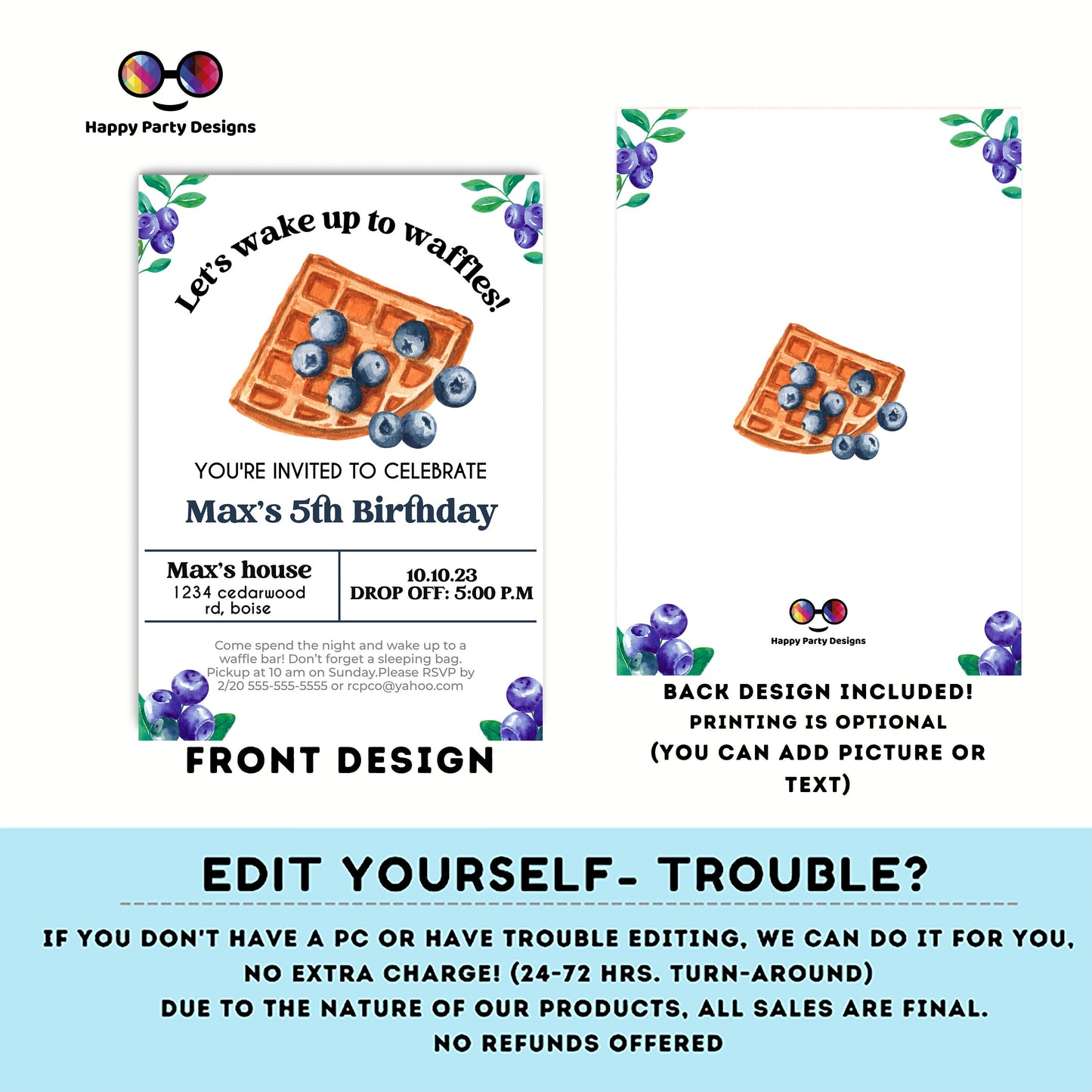 Waffles and Pajamas Party Birthday Invitation | Waffle Party Invite | Birthday boy | pajama Party | Sleepover Party #K130