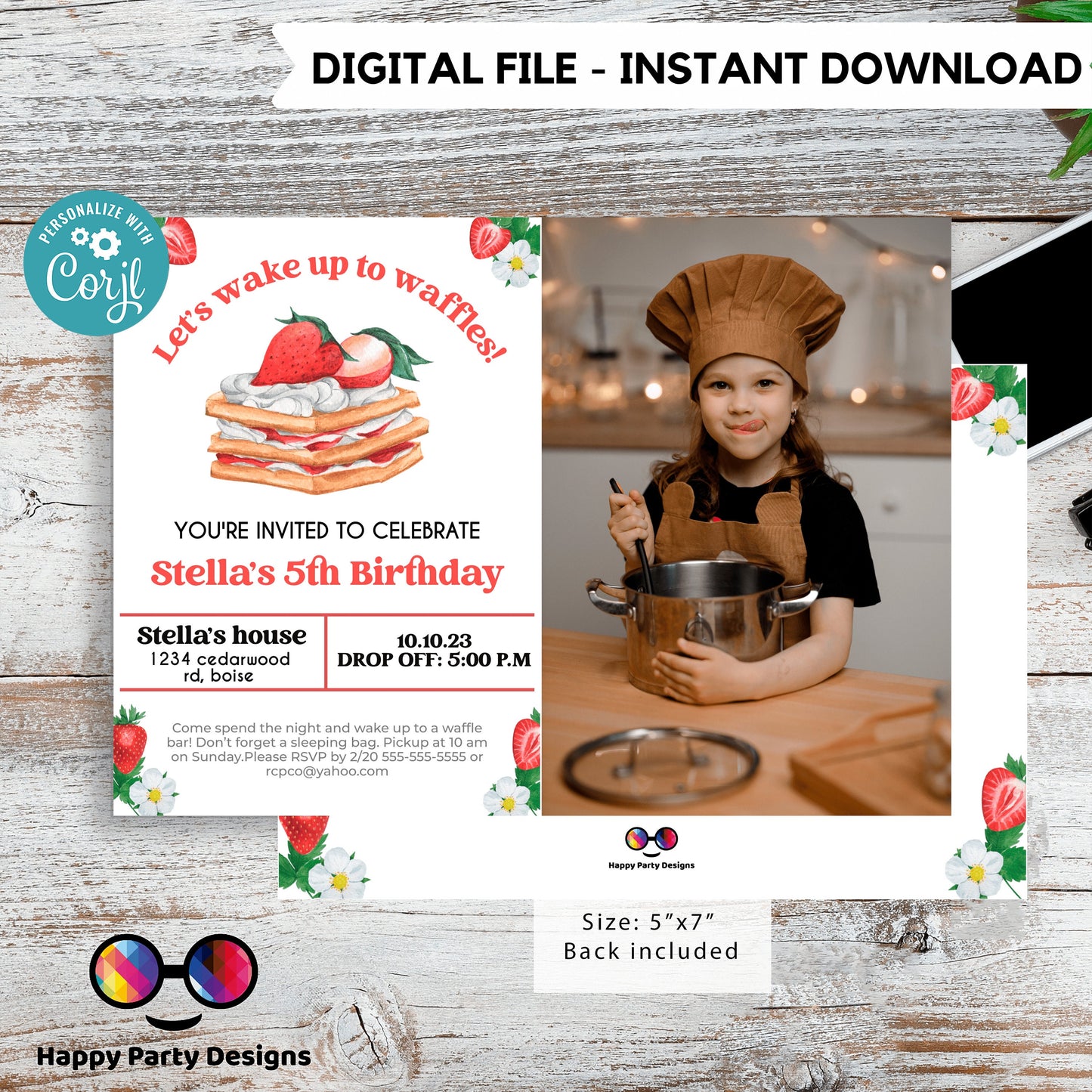Waffles and Pajamas Party Birthday Invitation with photo | Waffle Party Invite | Birthday girl | pajama Party | Sleepover Party #K130