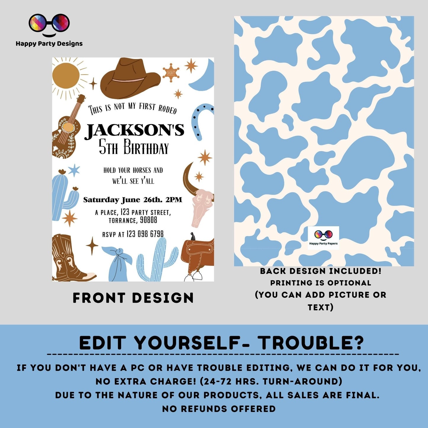 Editable not my first rodeo Cowboy Birthday Party Invitation | Wild West Cowboy 1st Rodeo Birthday | Birthday boy | Ranch Birthday #K136
