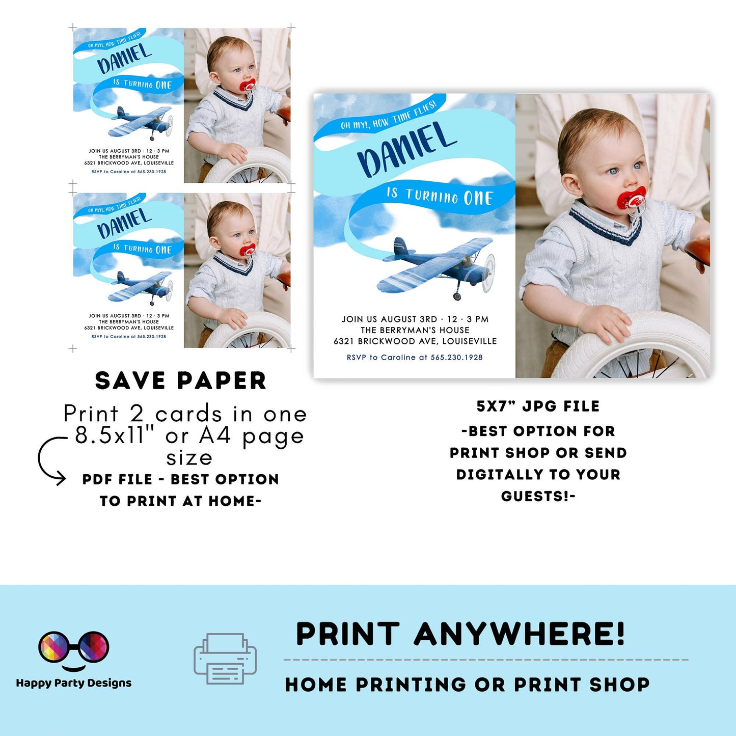 Airplane Birthday Invitation | Airplane Party | Plane invitation | Editable Photo invitation | Edit Online NOW Corjl | INSTANT ACCESS #K132