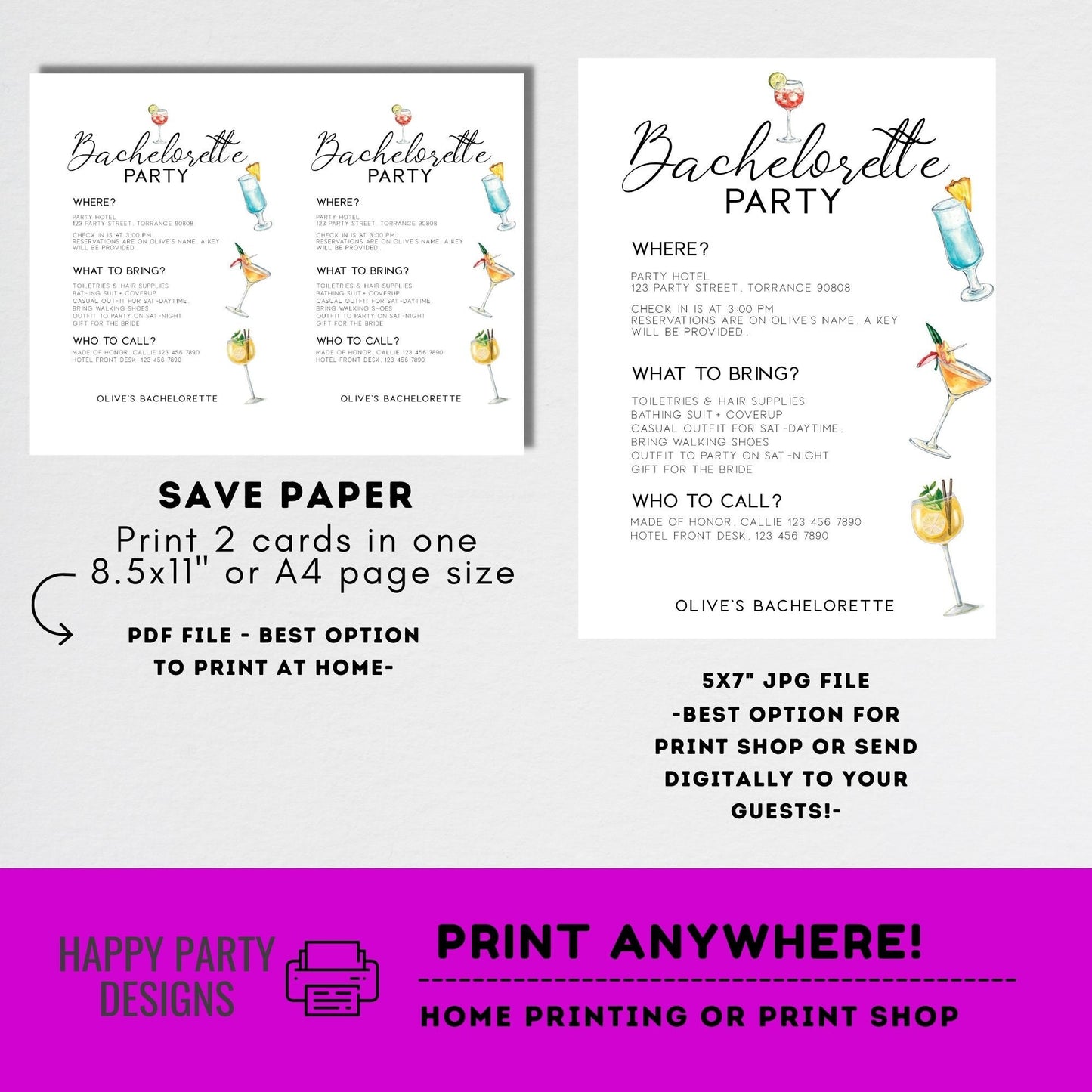 Editable minimalist Cocktails bach Invitation | Bridal Party Invitation Template| Bachelorette Invite | Let’s Have a Drink or Two #W8