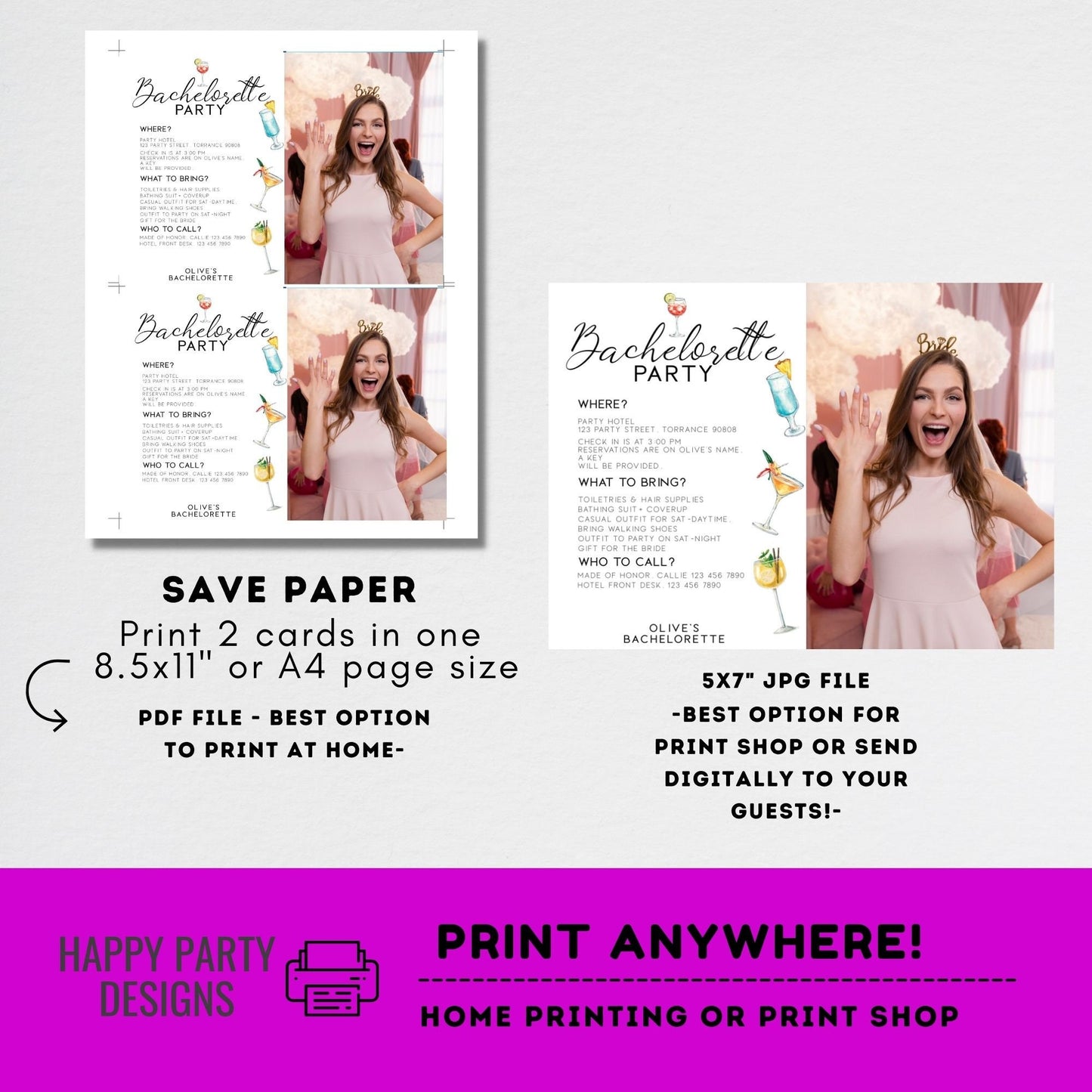 Editable minimalist Cocktails bach Invitation with photo | Bridal Party Invitation Template | Bach Invite | Let’s Have a Drink or Two #W8