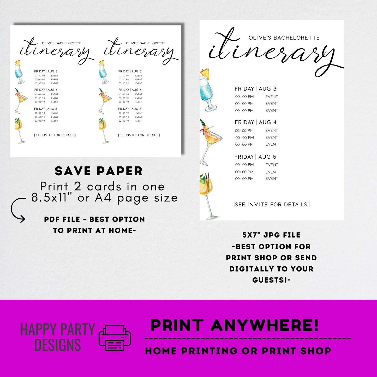 Bachelorette Itinerary Template | Digital Schedule | Bridal Party Template itinerary | Bachelorette | Weekend Itinerary Cocktail Drinks #W8