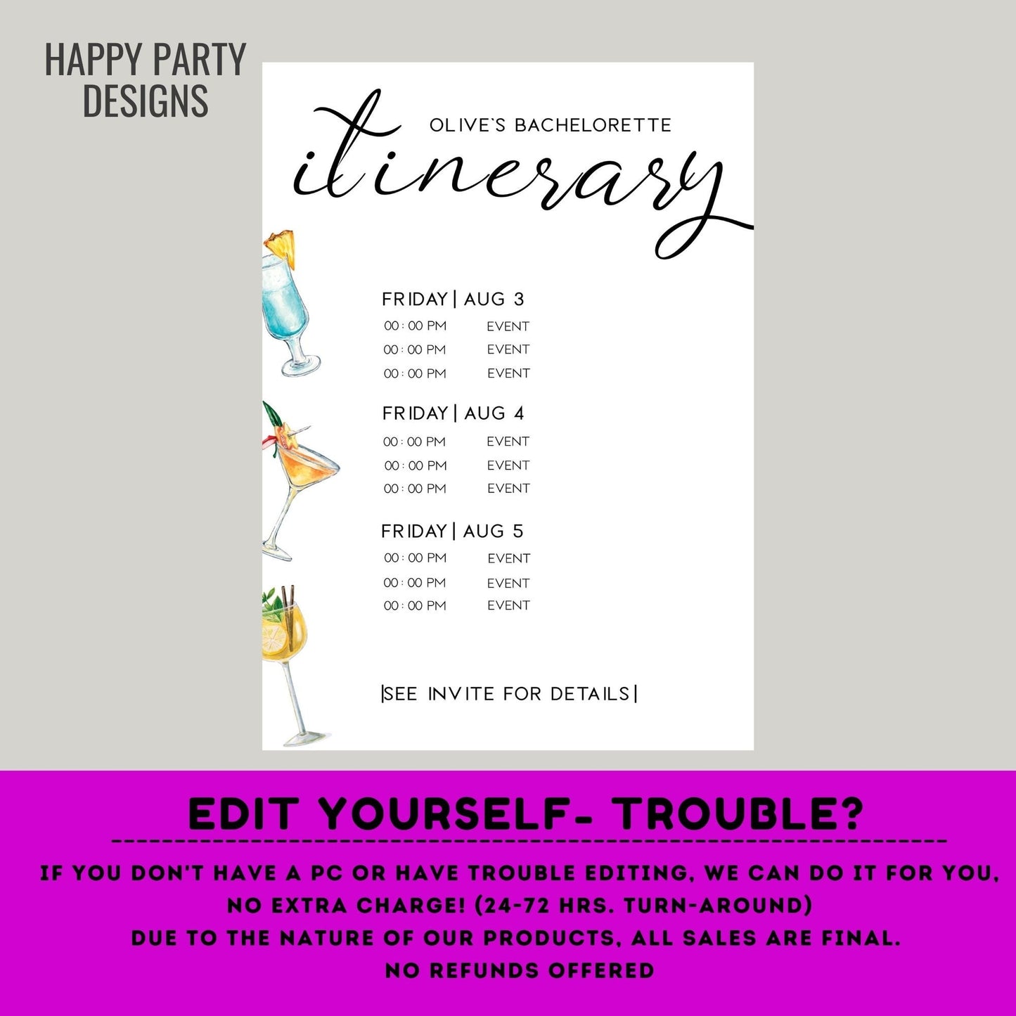 Bachelorette Itinerary Template | Digital Schedule | Bridal Party Template itinerary | Bachelorette | Weekend Itinerary Cocktail Drinks #W8