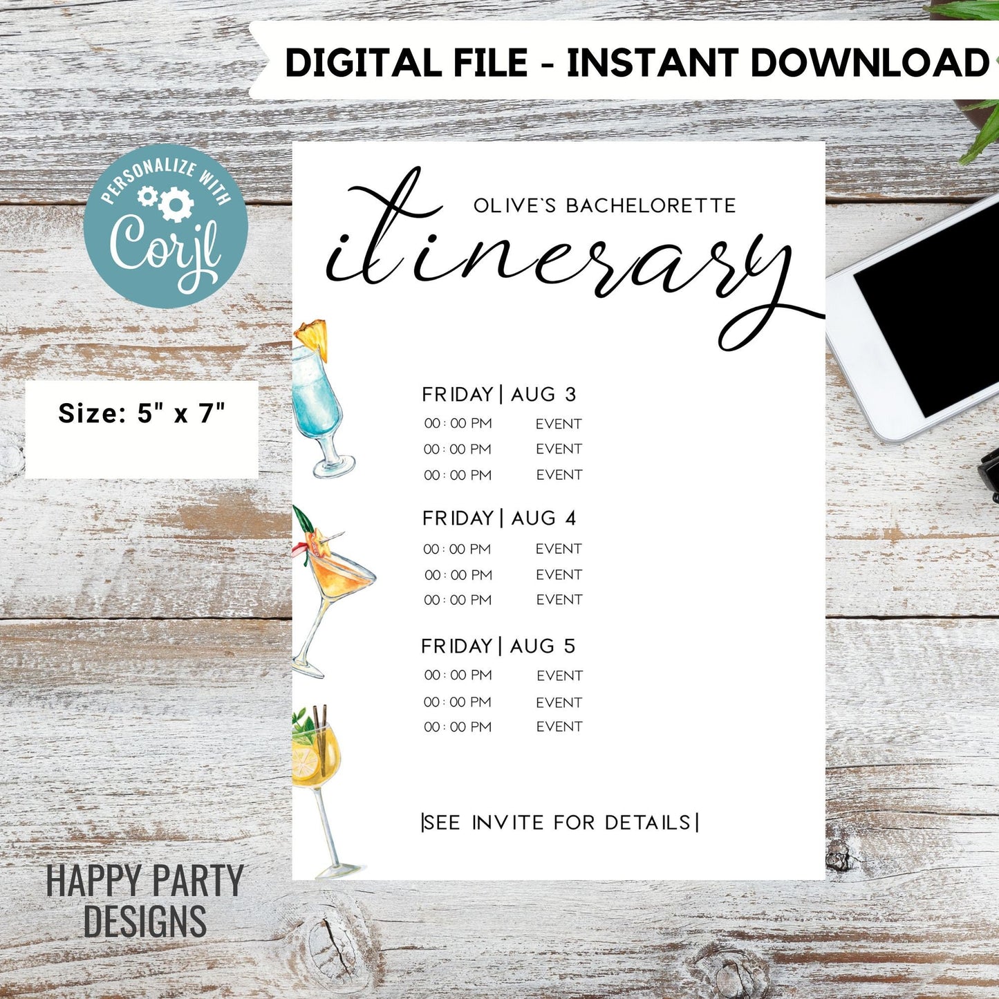 Bachelorette Itinerary Template | Digital Schedule | Bridal Party Template itinerary | Bachelorette | Weekend Itinerary Cocktail Drinks #W8