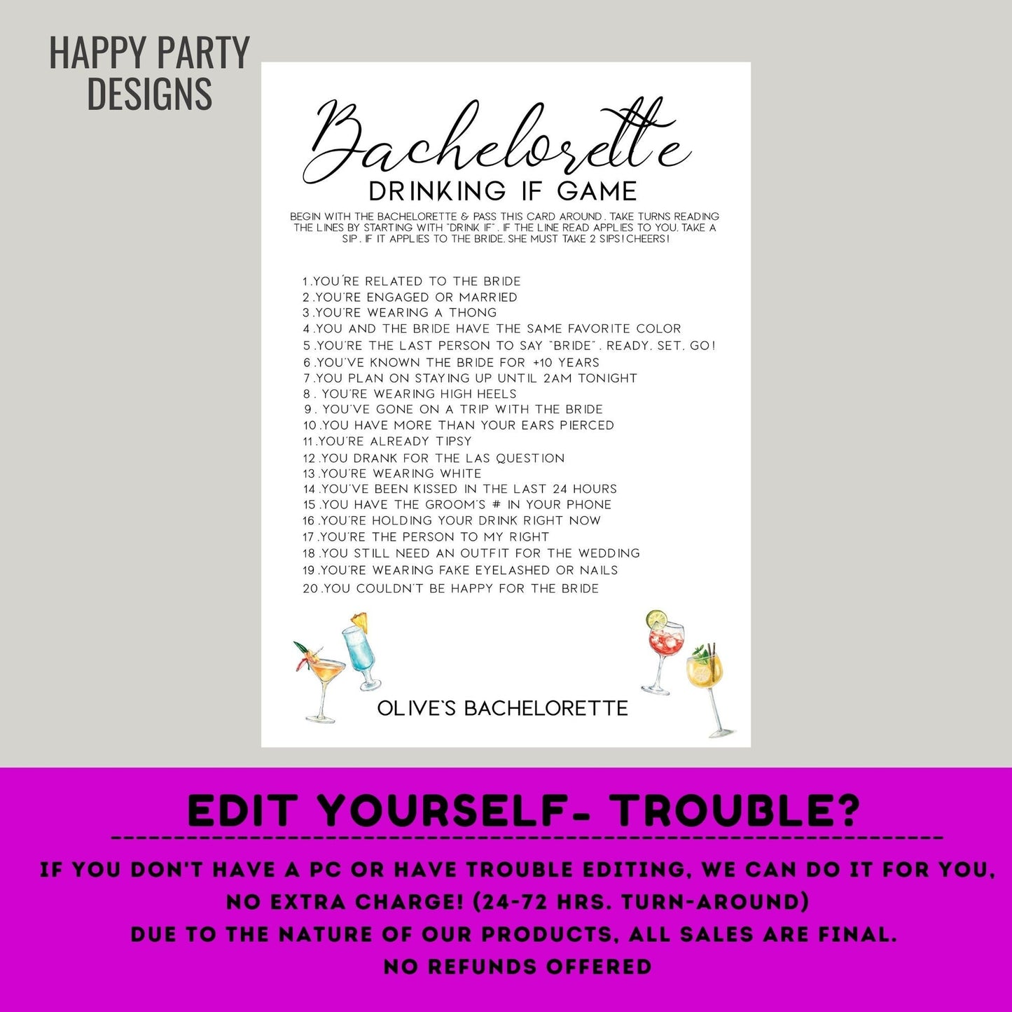 Editable minimalist Cocktails bach party games | Bachelorette Drink If Game Template | Let’s Have a Drink or Two Bachelorette game #W8
