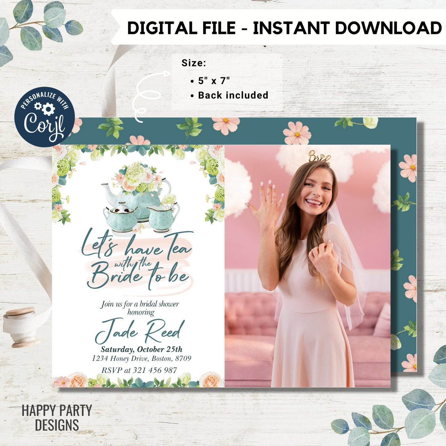 Bridal Shower Tea Party Invitation Template with photo | Printable Bridal Tea Shower Invite | Bridal Brunch | Bridal shower template #W1