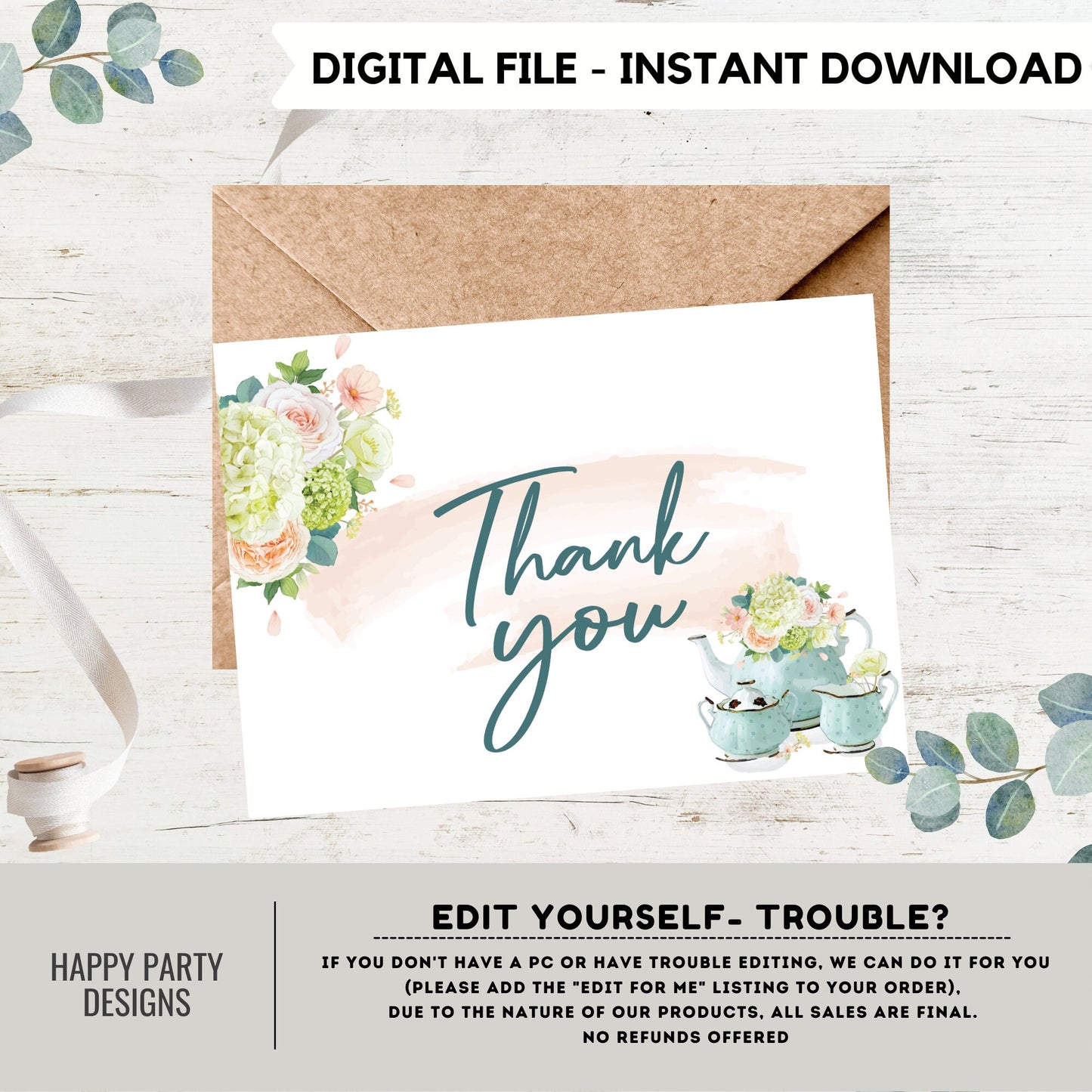 Printable Tea Thank You Card | Bridal Shower | Baby Shower | Folded Notes Blank Inside | Tea Party Thank You Card Template #W1