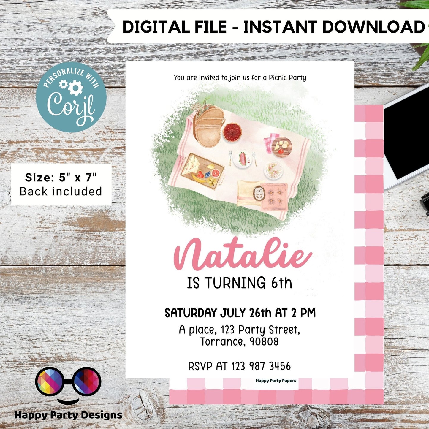 EDITABLE Picnic Birthday invitation | picnic in the park printable invite | Garden Birthday Party | picnic birthday | Girl Birthday #K139