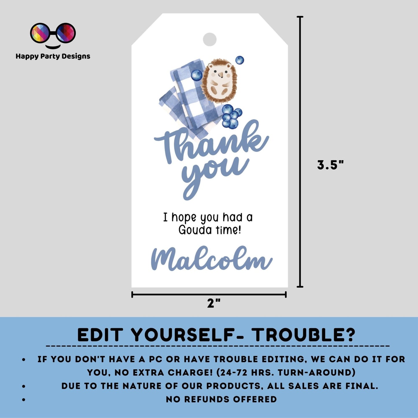 Picnic Birthday Thank You Tags | Picnic Gift Tags | Thank you tags | Birthday boy | Party Bag Tags | hedgehog #K139