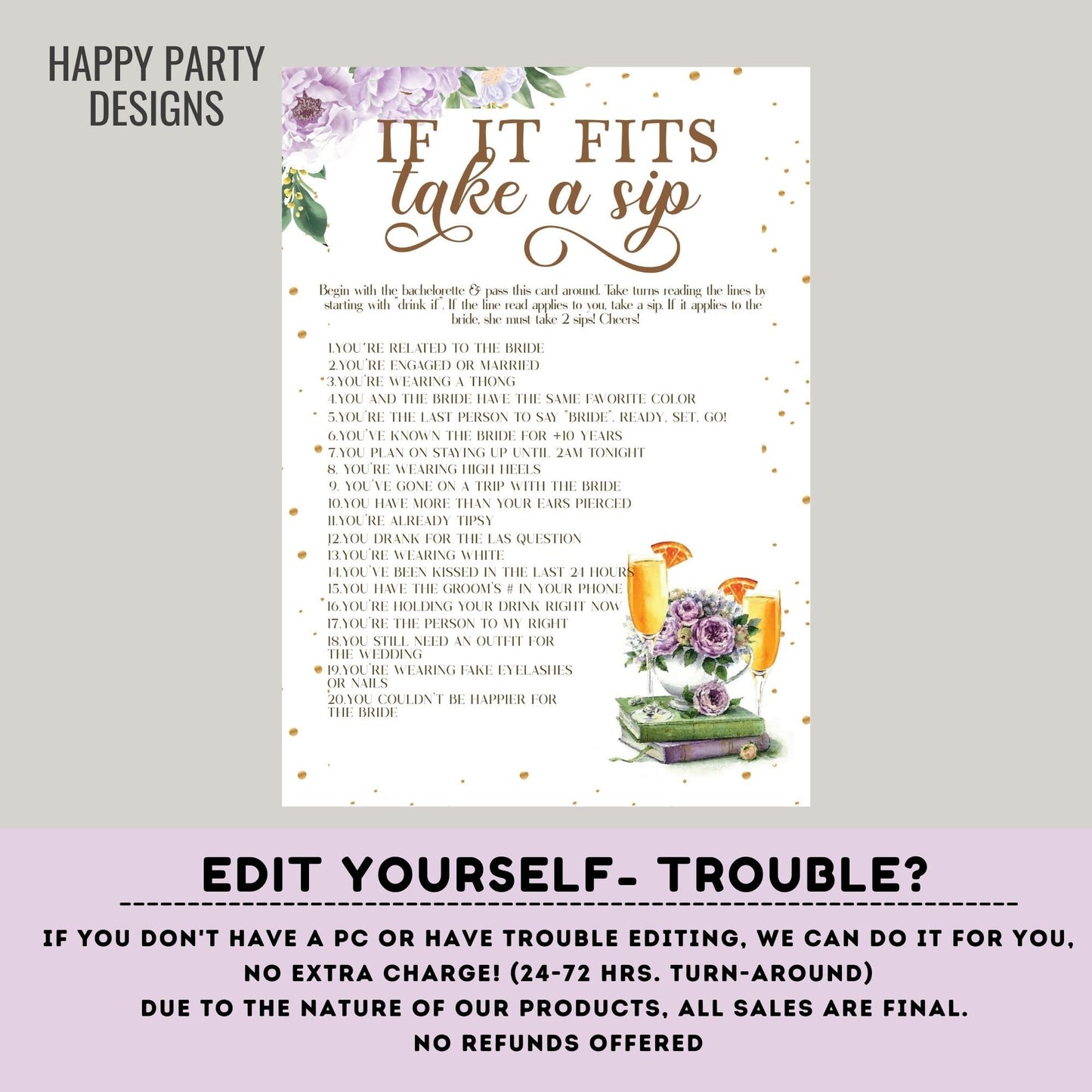 Editable If it fits take a sip game | bubbles | brunch bridal | books shower game | bridal shower| bubbles shower | bridal shower game #W9