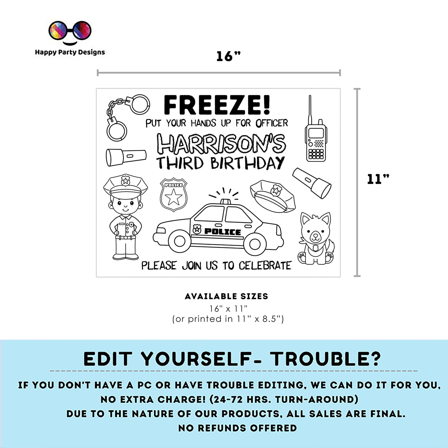 Editable police coloring page | police Party | Police Boy Placemat | Editable Instant Download | Edit Online Corjl | INSTANT ACCESS #K111