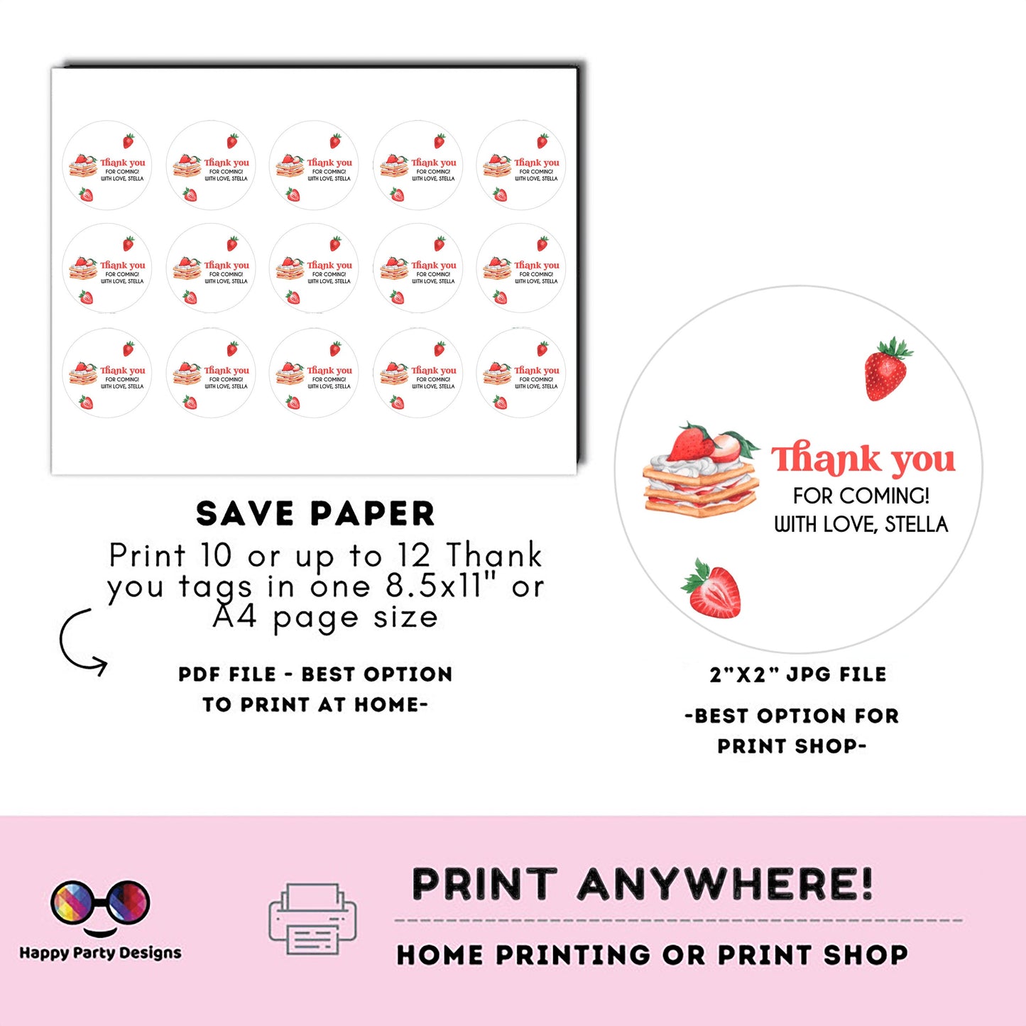 Editable Waffle strawberries Thank you Template | Wedding Welcome Bag Tag | Gift Tags | pajama Birthday Party | Round Gift Tag #K130