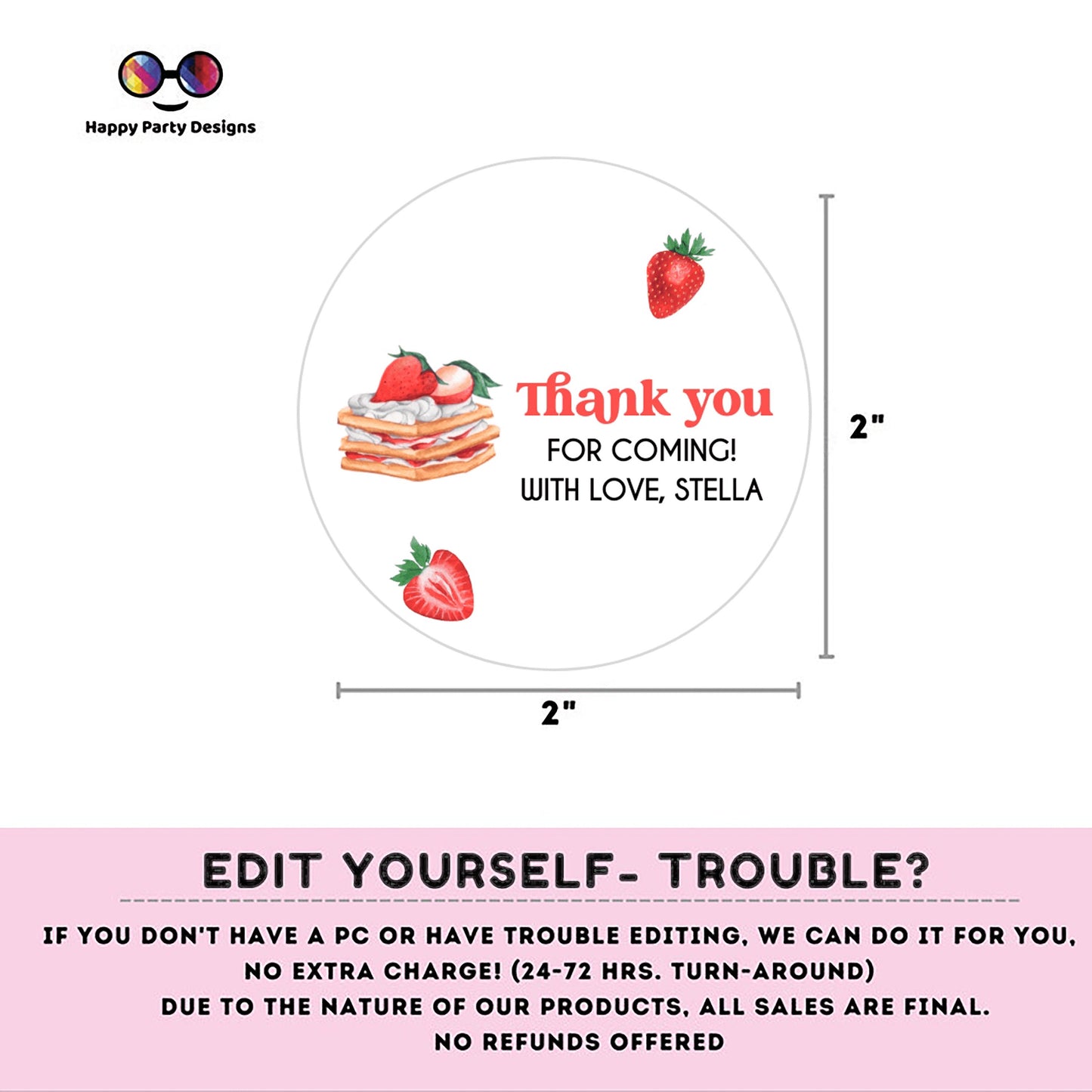 Editable Waffle strawberries Thank you Template | Wedding Welcome Bag Tag | Gift Tags | pajama Birthday Party | Round Gift Tag #K130