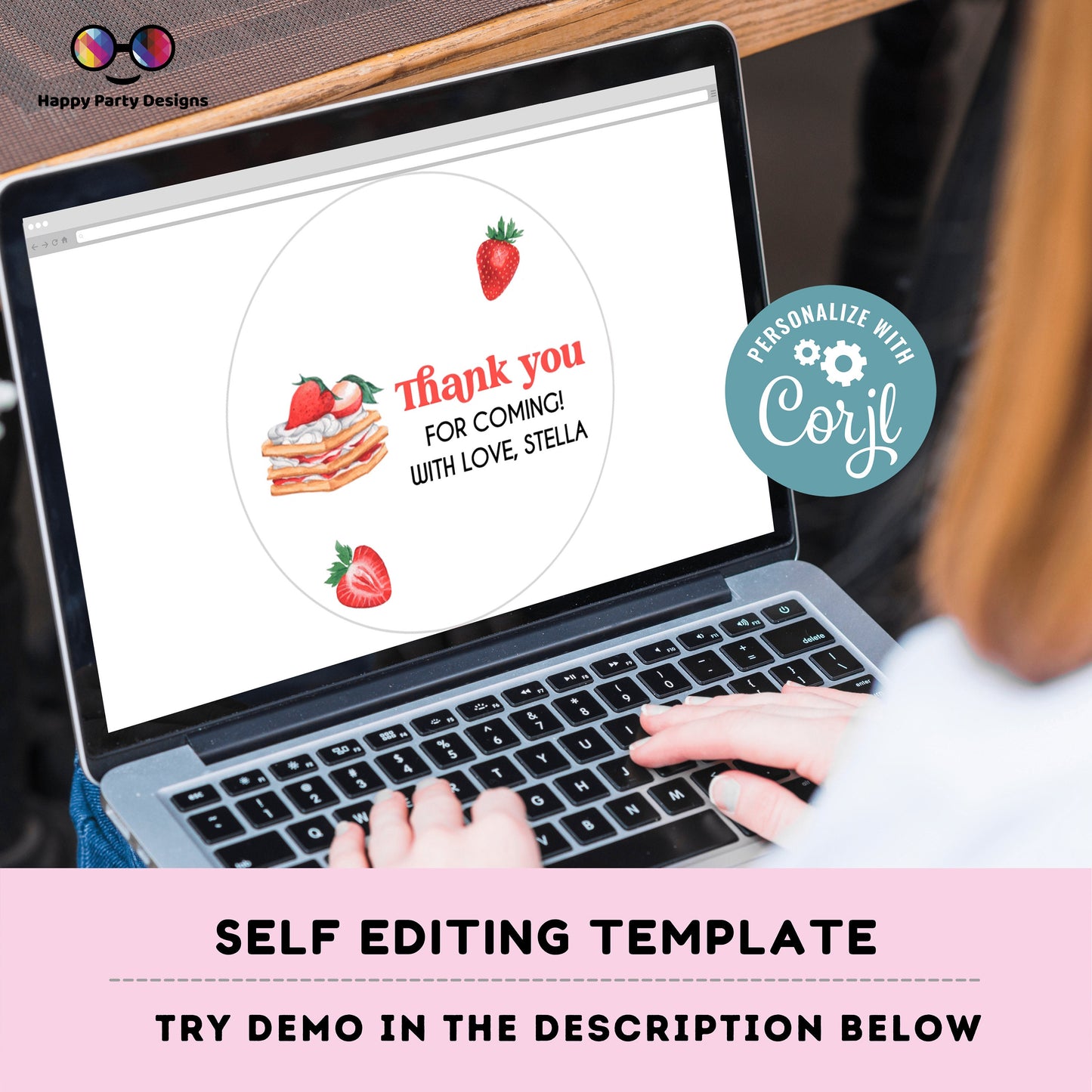 Editable Waffle strawberries Thank you Template | Wedding Welcome Bag Tag | Gift Tags | pajama Birthday Party | Round Gift Tag #K130