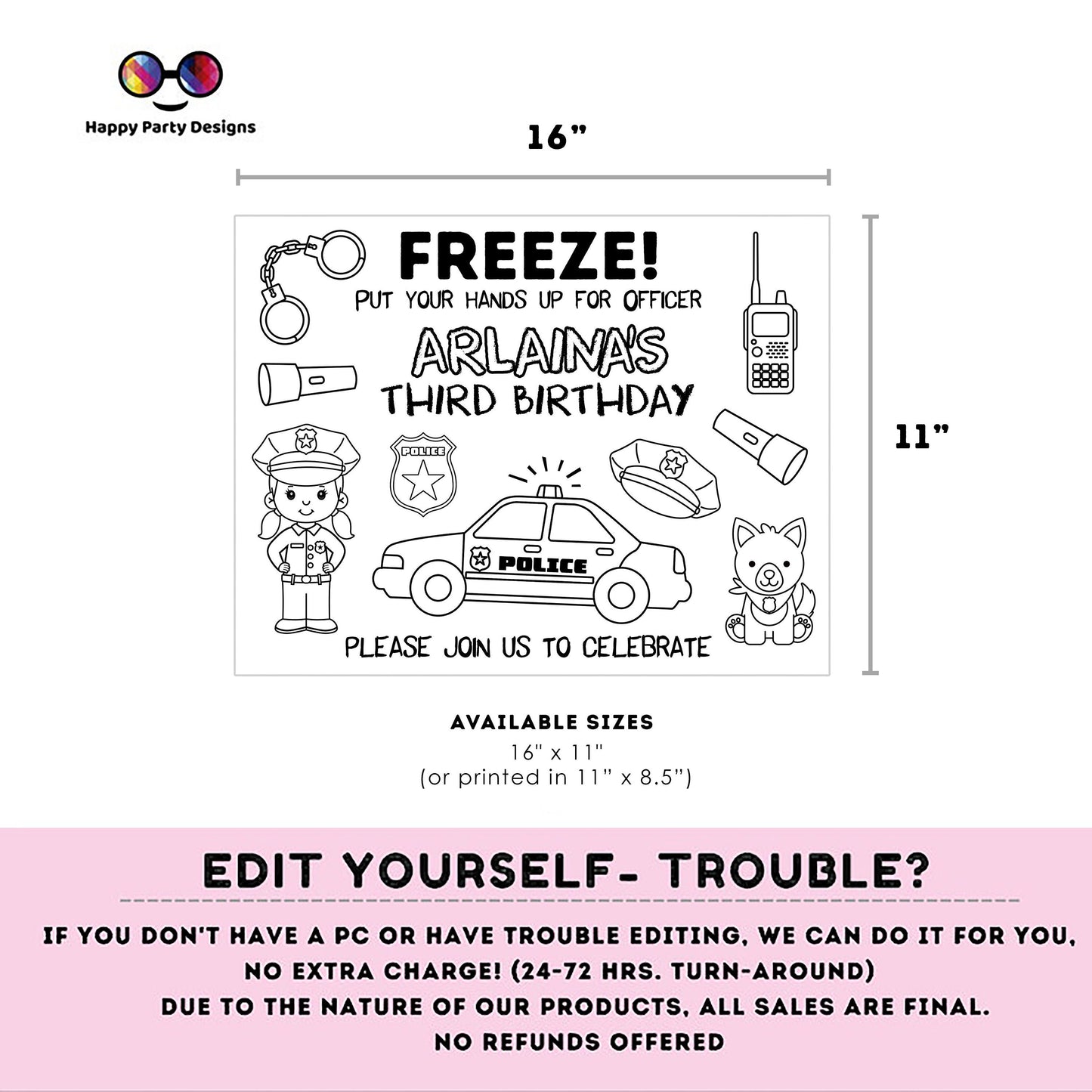 Editable police coloring page | police Party | Police Girl Placemat | Editable Instant Download | Edit Online Corjl | INSTANT ACCESS #K112