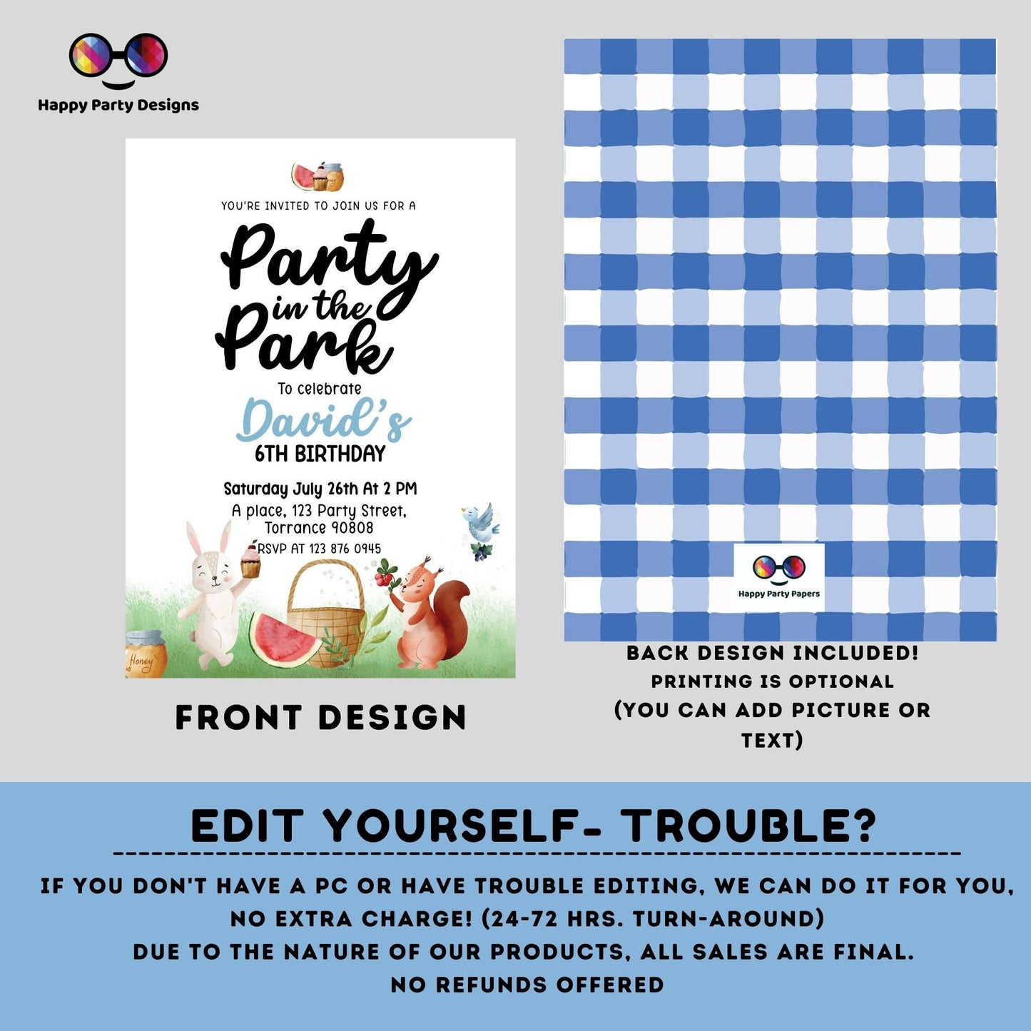 EDITABLE Picnic Birthday invitation | picnic in the park printable invite | Garden Birthday Party | picnic birthday | Boy Birthday #K142