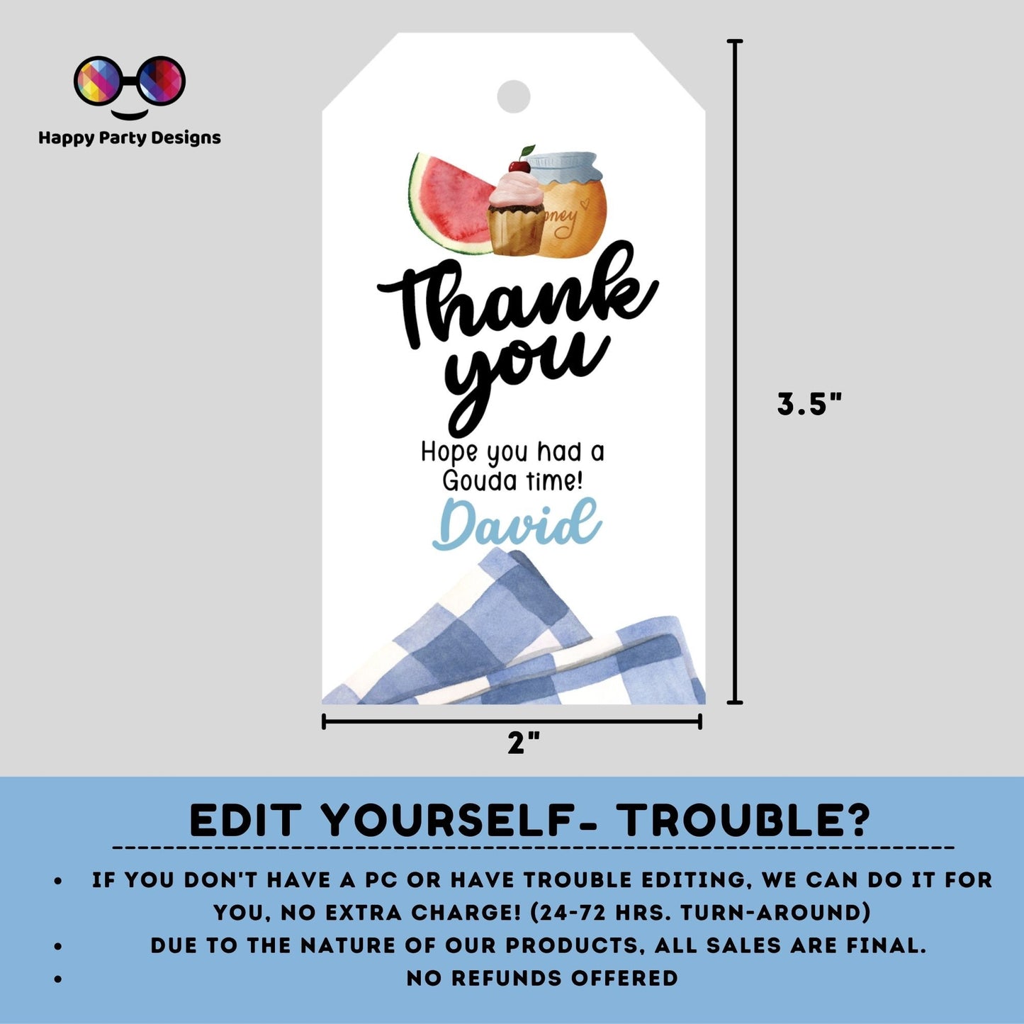 Picnic Birthday Thank You Tags | Picnic Gift Tags | Thank you tags | Birthday boy | Party Bag Tags | honey #K142