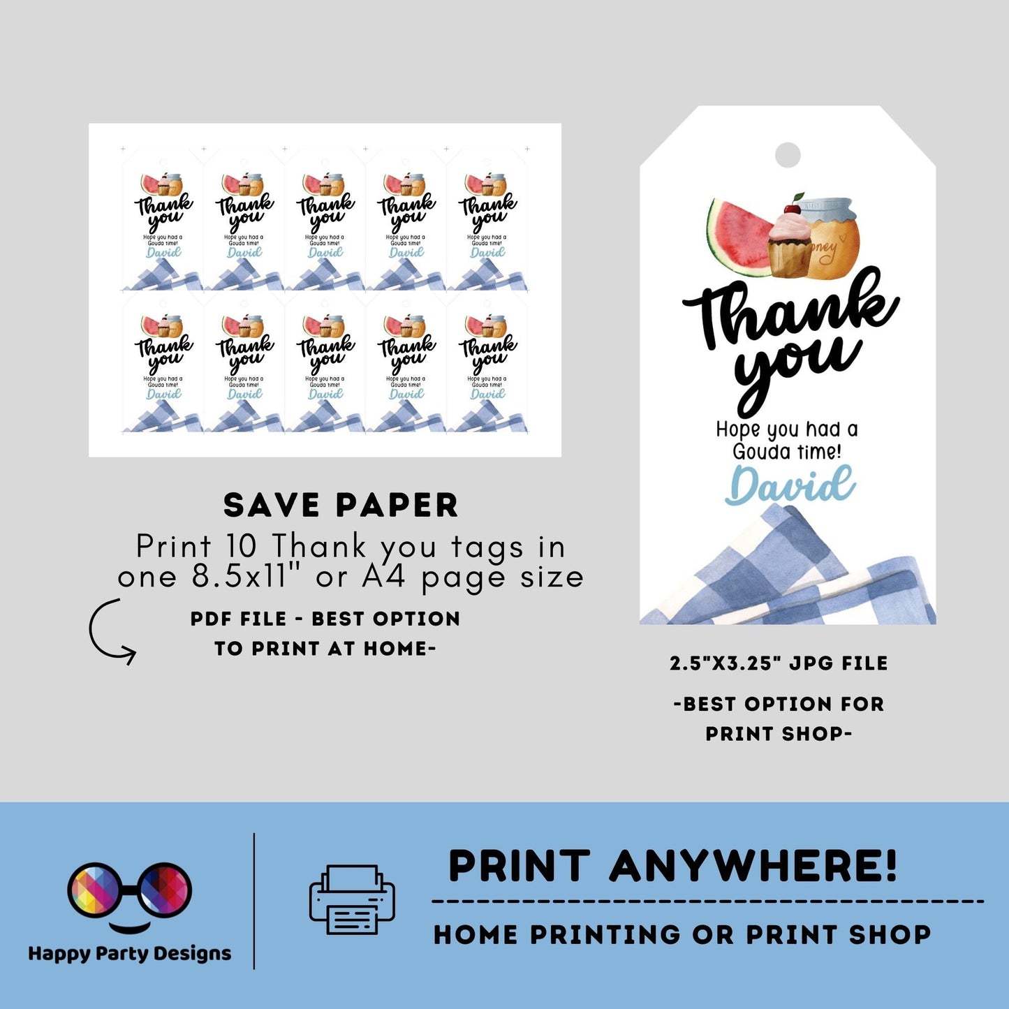 Picnic Birthday Thank You Tags | Picnic Gift Tags | Thank you tags | Birthday boy | Party Bag Tags | honey #K142