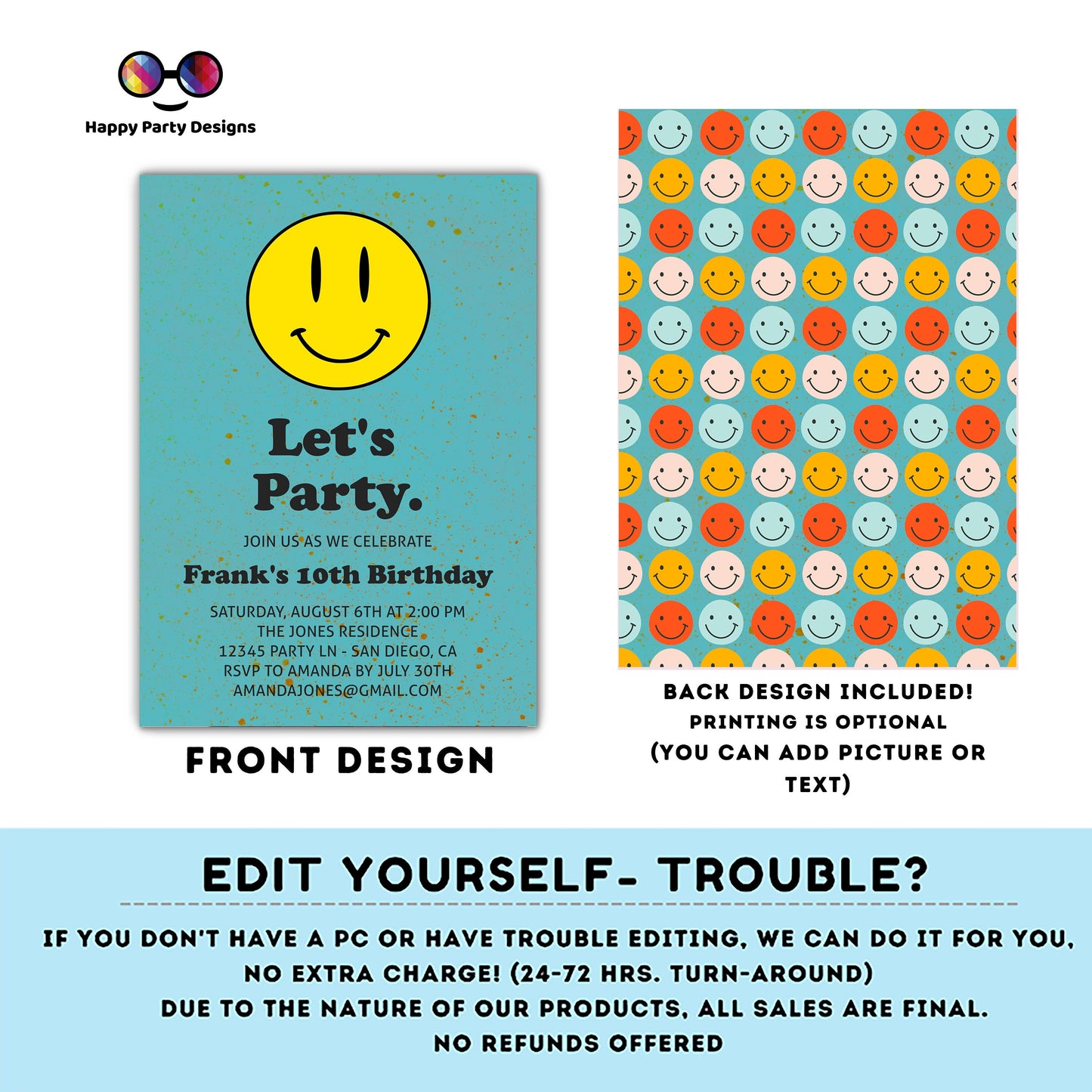 Editable Smiley face invitation | Groovy One Retro 10th Birthday Invitation | First Birthday | Retro | 70s Flower Power | any age #K144