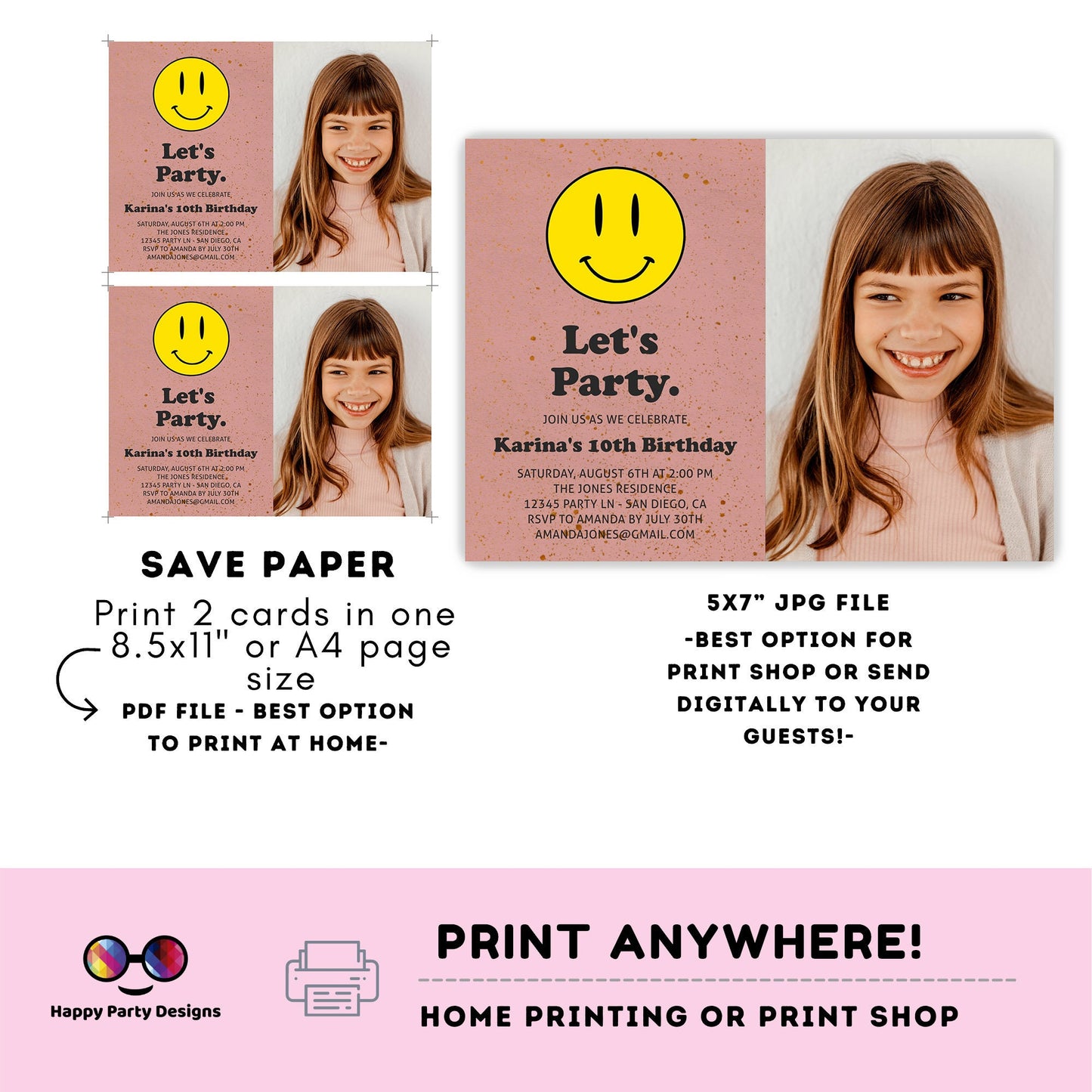 Editable Smiley face invitation with picture | Groovy One Retro Birthday invite | 10th Birthday | Retro | 70s Flower Power | any age #K144