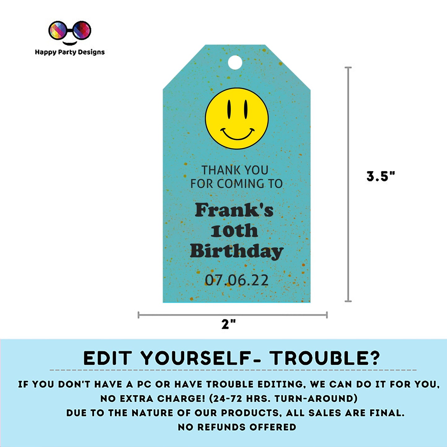 Editable Smiley face Thank you tag | Digital retro thank you tag | Groovy Thank You tag | birthday boy | retro party #K144