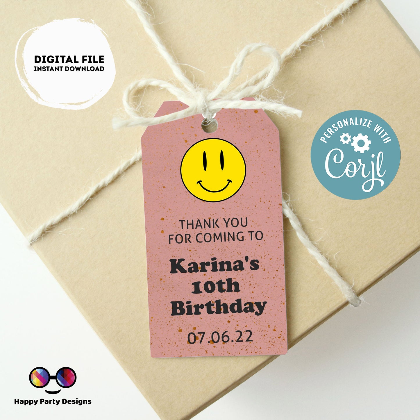 Editable Smiley face Thank you tag | Digital retro thank you tag | Groovy Thank You tag | birthday girl | retro party #K144