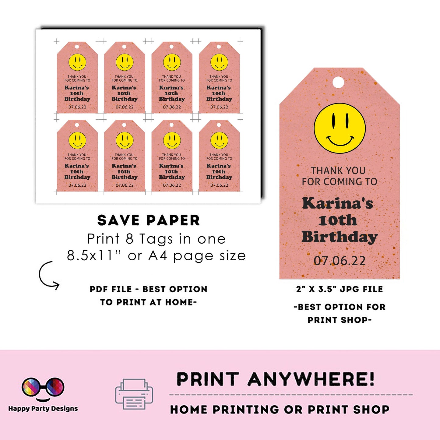 Editable Smiley face Thank you tag | Digital retro thank you tag | Groovy Thank You tag | birthday girl | retro party #K144
