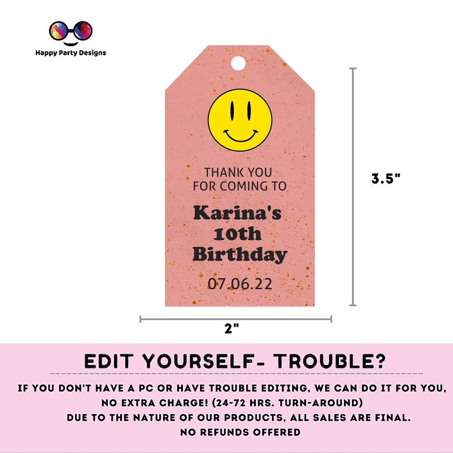Editable Smiley face Thank you tag | Digital retro thank you tag | Groovy Thank You tag | birthday girl | retro party #K144