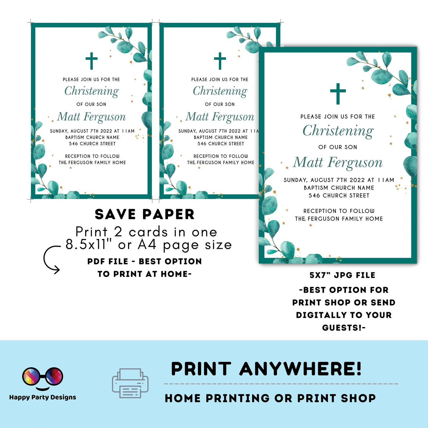 greenery Watercolor Baptism Invitation | Gold Christening Baptism | Invitation boy | emerald | Christening | Instant Download #R4
