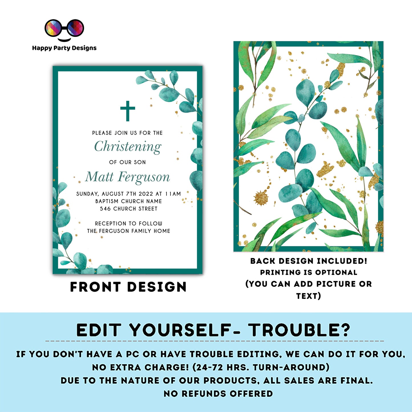 greenery Watercolor Baptism Invitation | Gold Christening Baptism | Invitation boy | emerald | Christening | Instant Download #R4