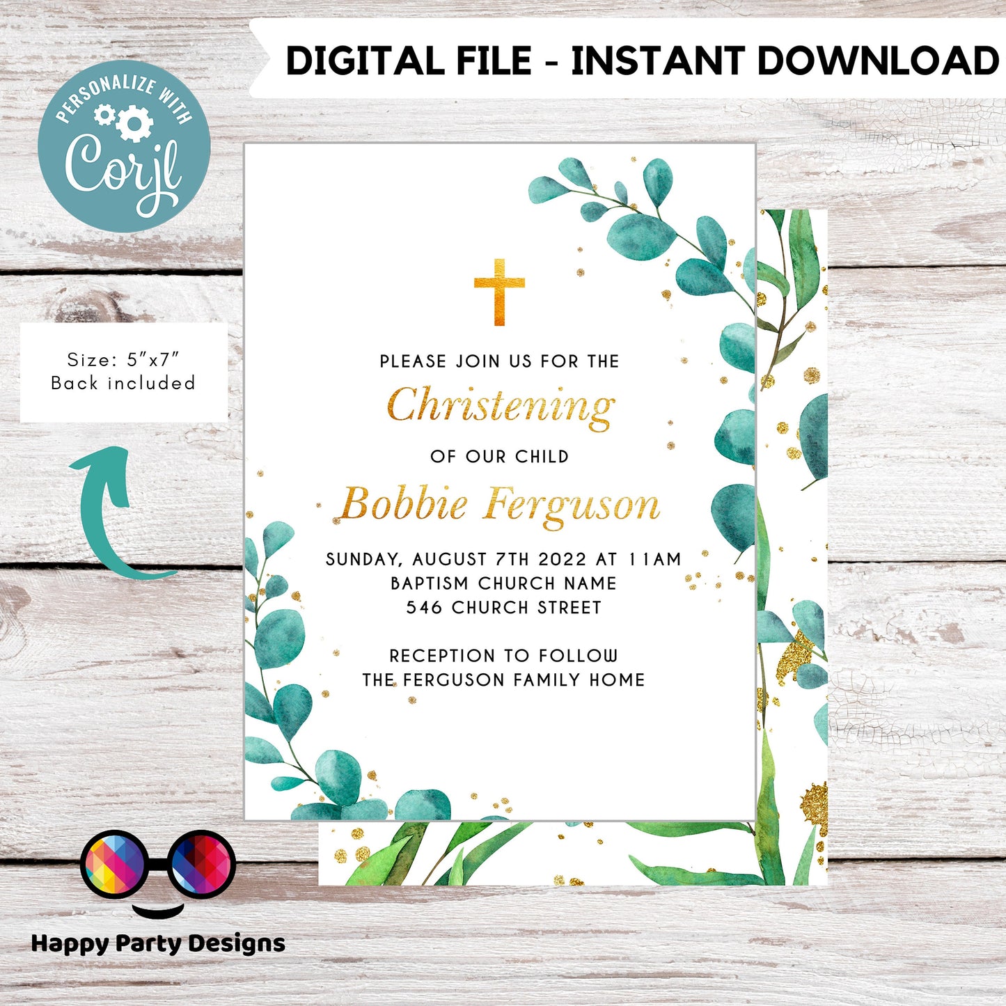 greenery Watercolor Baptism Invitation | Gold Christening Baptism | gender neutral | Christening | Instant Download #R5