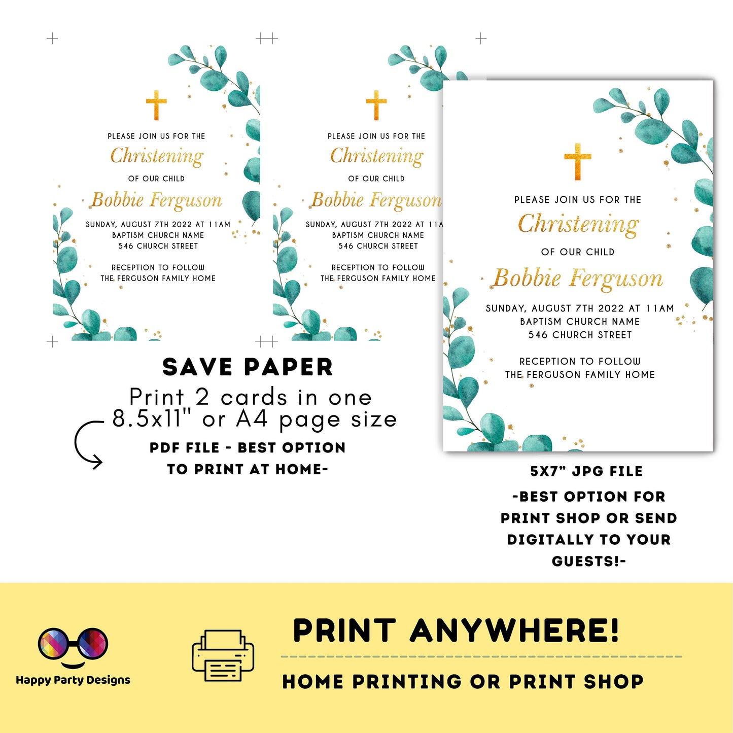 greenery Watercolor Baptism Invitation | Gold Christening Baptism | gender neutral | Christening | Instant Download #R5
