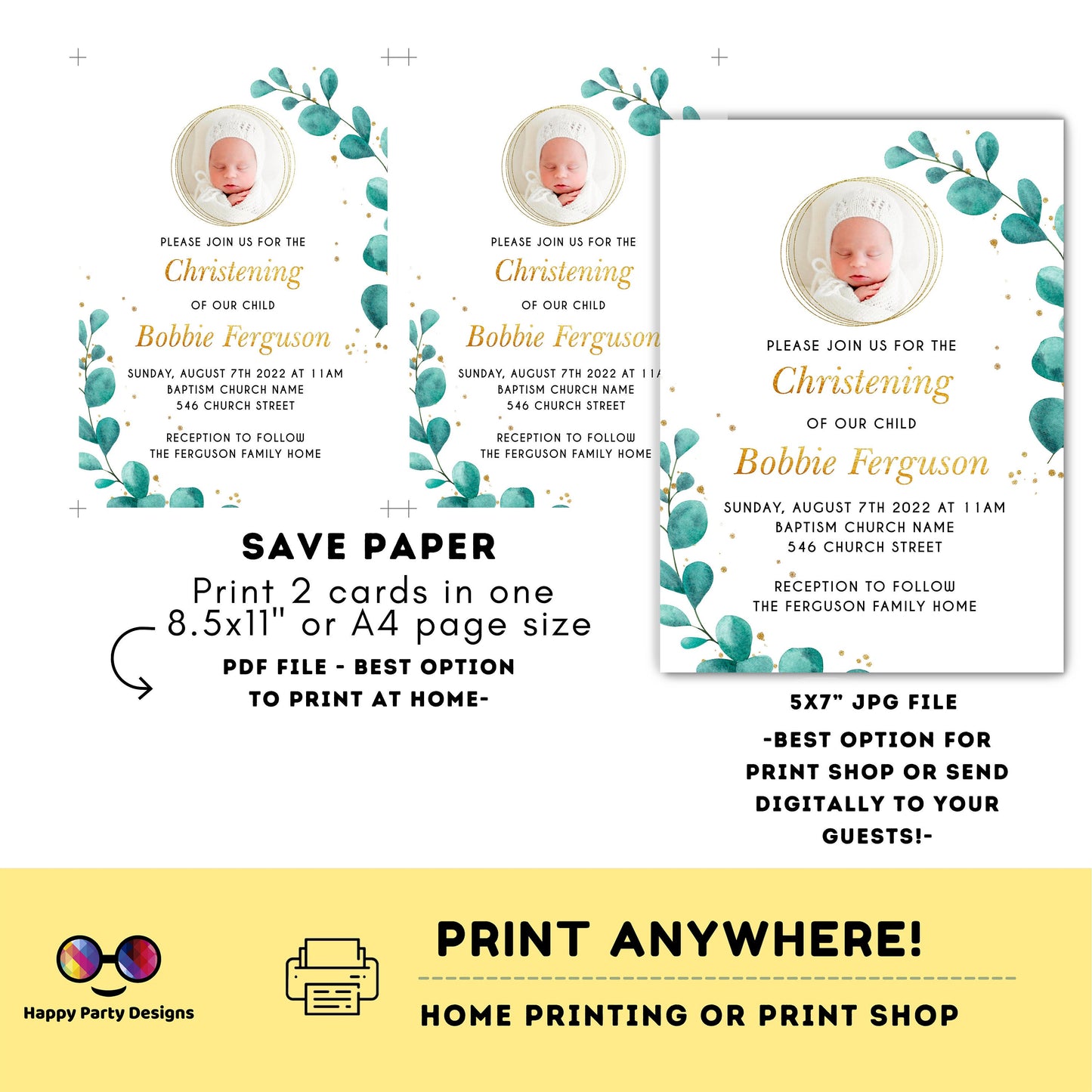 greenery Watercolor Baptism Invitation with photo | Gold Christening Baptism | gender neutral | Christening | Instant Download #R5
