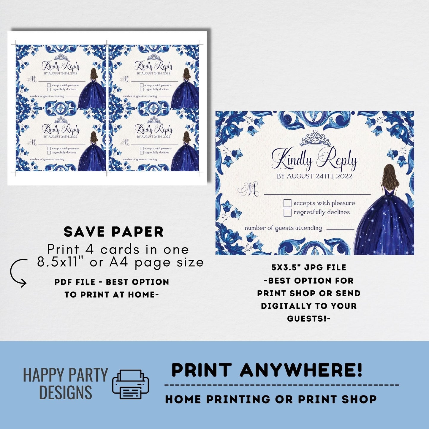 Royal Blue Floral Quinceañera RSVP Card Printable | Mis Quince 15 Anos Diy | 16th Birthday | quinceanera #K169