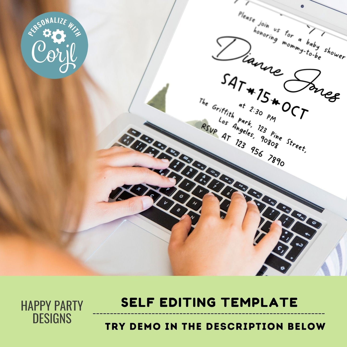 Editable Woodland Baby Shower Invitation | Adventure awaits Baby Shower Invite | teddy bear, bunny, reindeer | greenery baby shower #B35