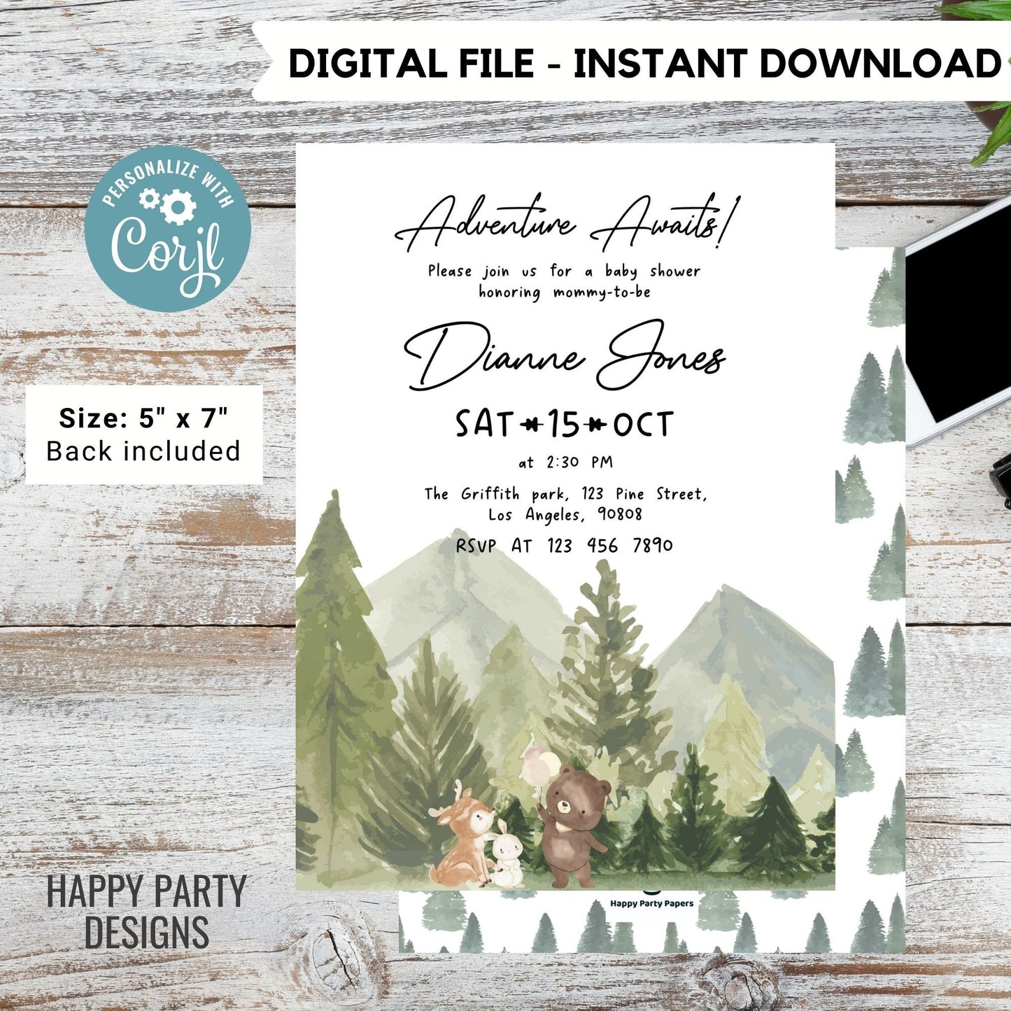 Editable Woodland Baby Shower Invitation | Adventure awaits Baby Shower Invite | teddy bear, bunny, reindeer | greenery baby shower #B35