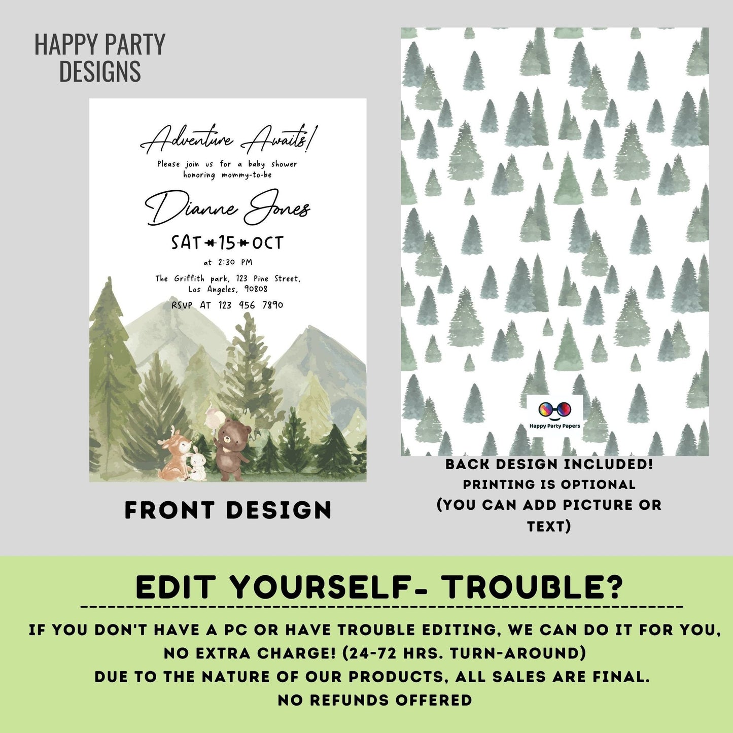 Editable Woodland Baby Shower Invitation | Adventure awaits Baby Shower Invite | teddy bear, bunny, reindeer | greenery baby shower #B35