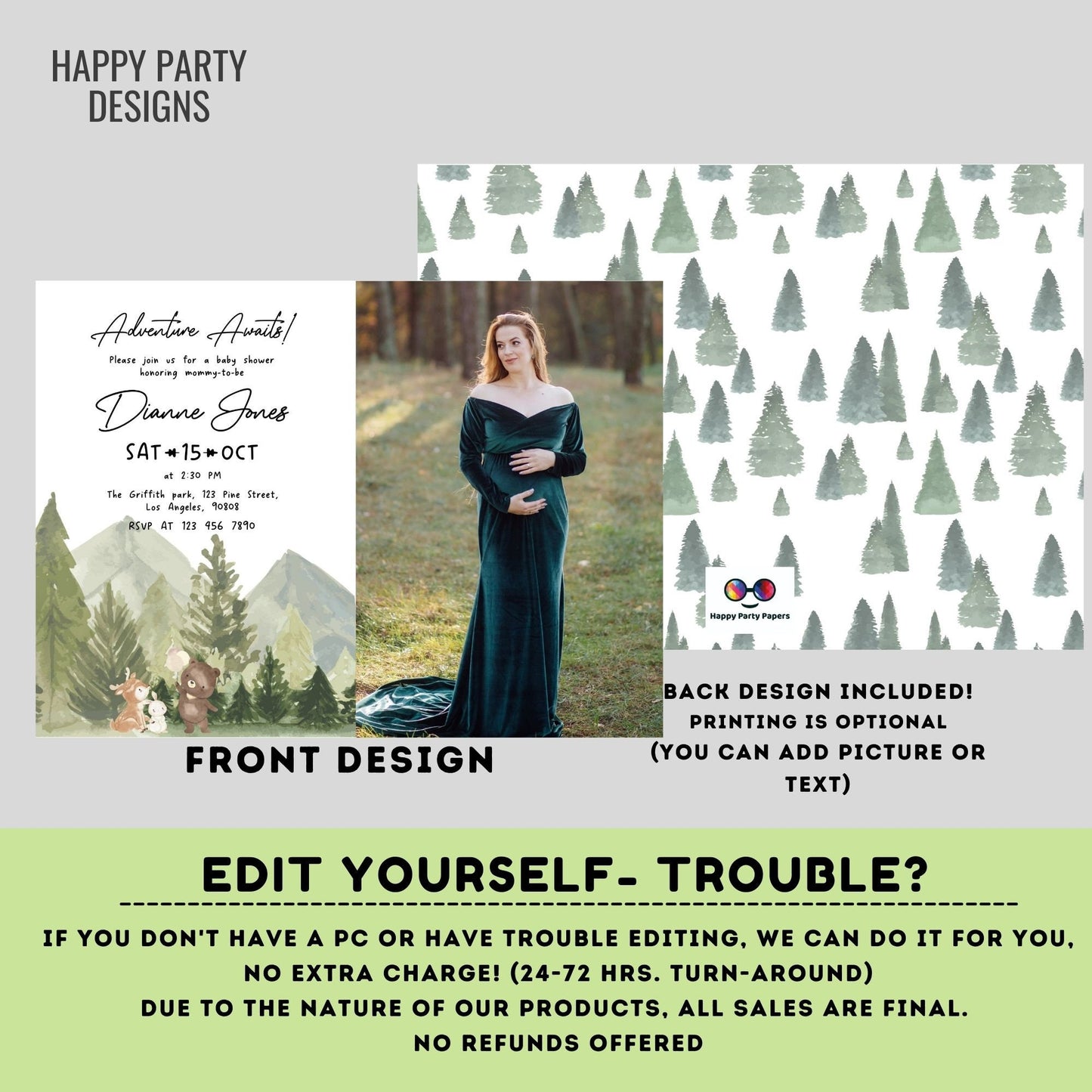 Editable Woodland Baby Shower Invitation with picture | Adventure awaits Baby Shower Invite | teddy bear, bunny, reindeer #B35
