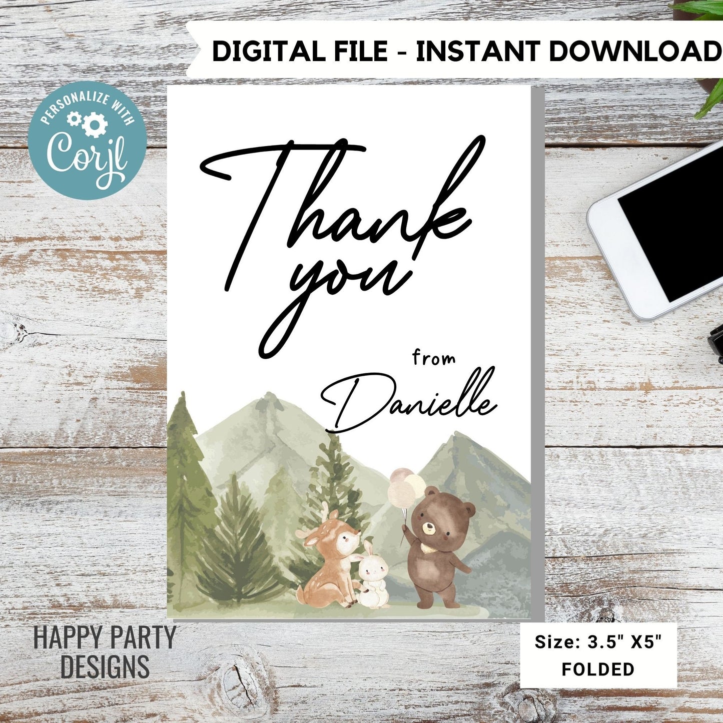 editable woodland Teddy bear baby shower thank you card | baby shower Thank you card | baby shower card | baby teddy card template #B35